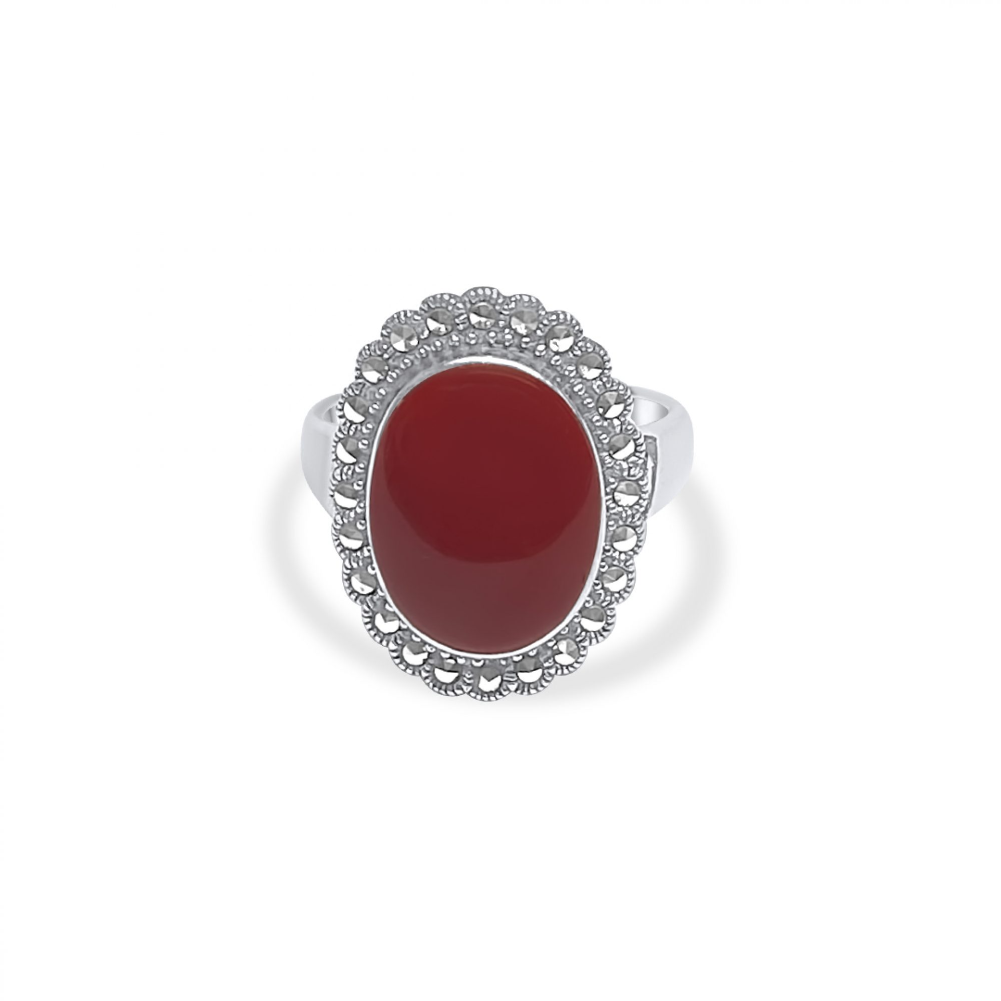 Ring with coral stone and marcasites