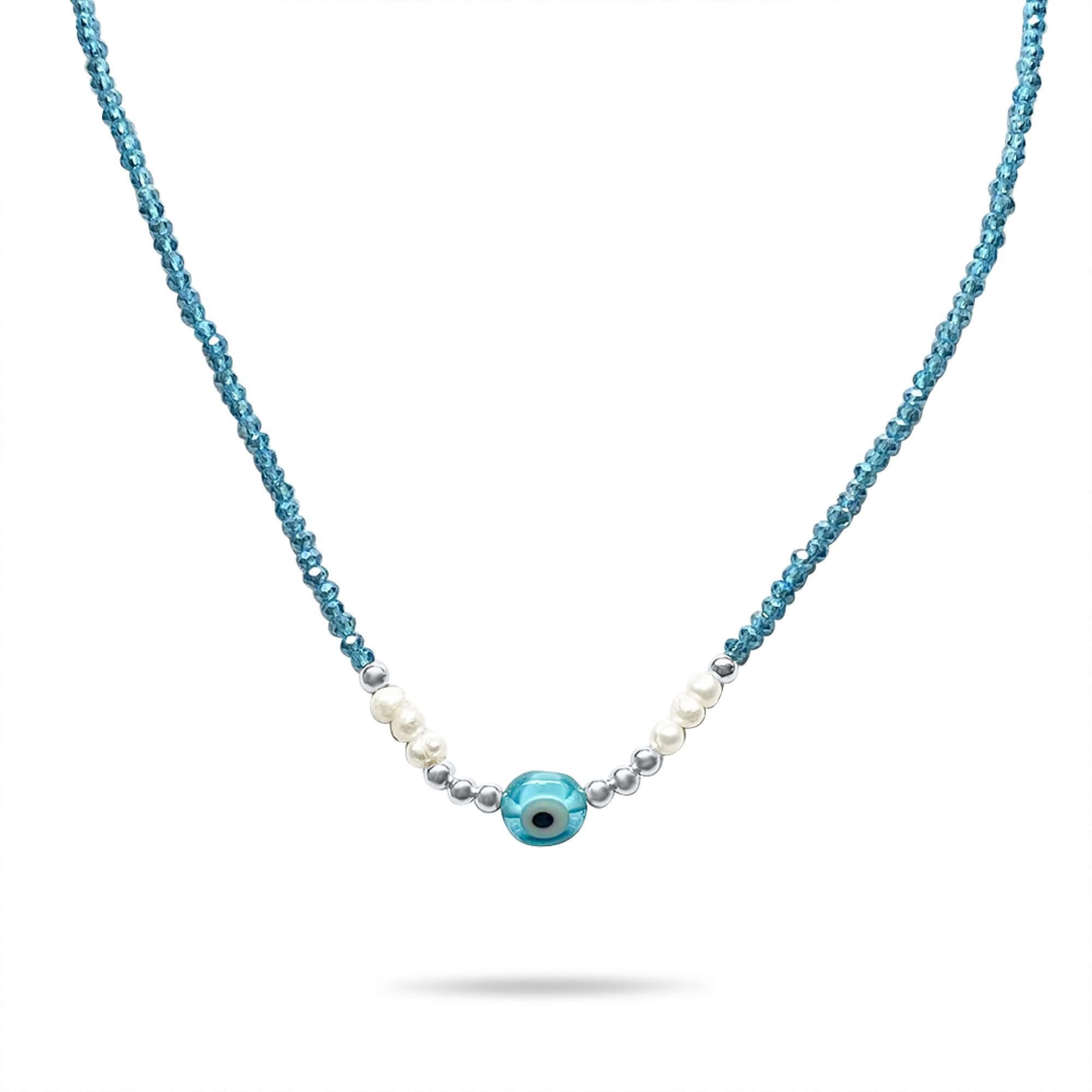 Silver eye necklace with aquamarine beads