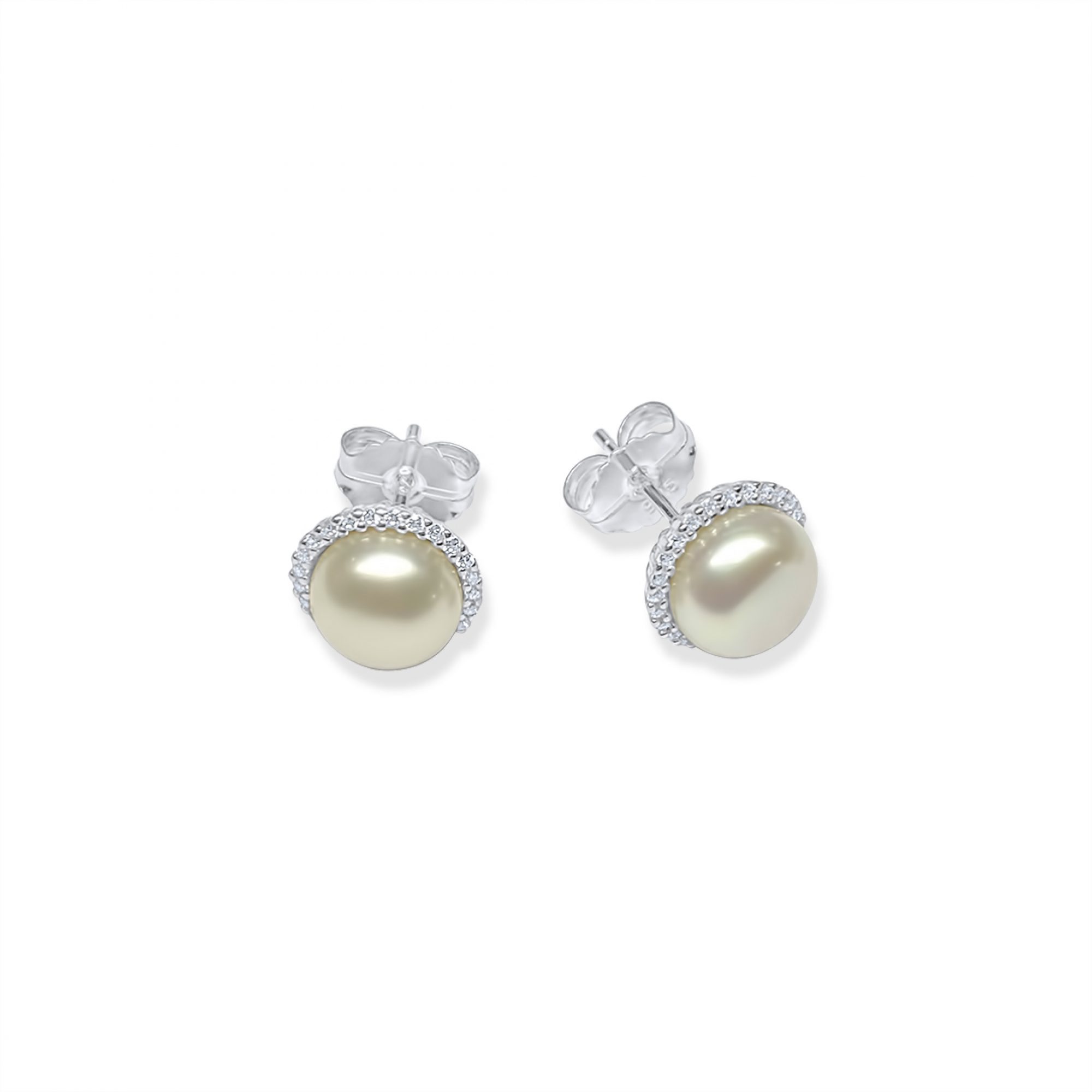 Silver stud earrings with pearl and zircon stones