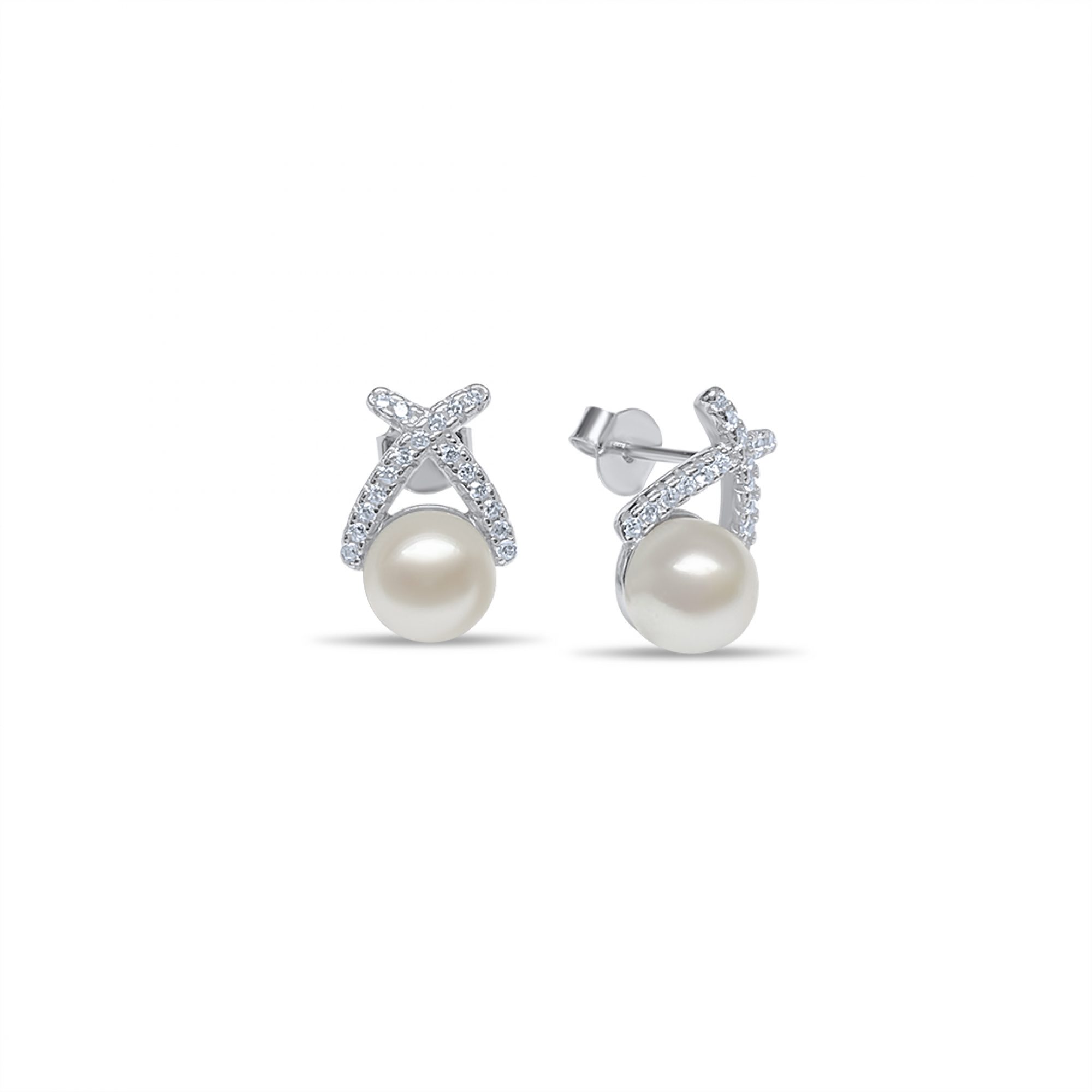 Silver stud earrings with pearl and zircon stones