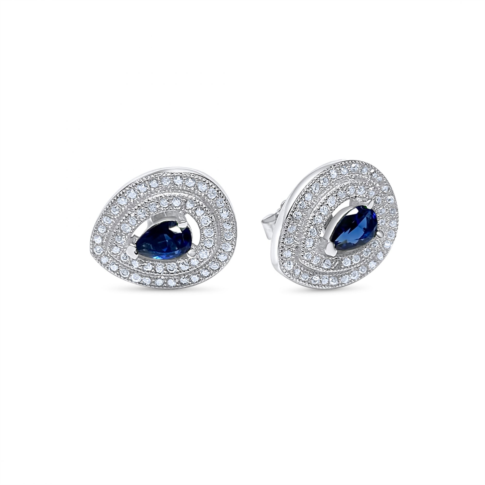 Silver stud earrings with sapphire and zircon stones