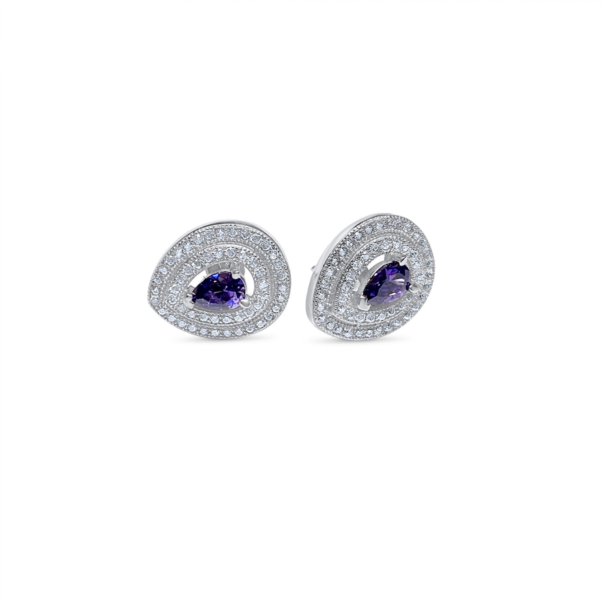 Silver stud earrings with amethyst and zircon stones