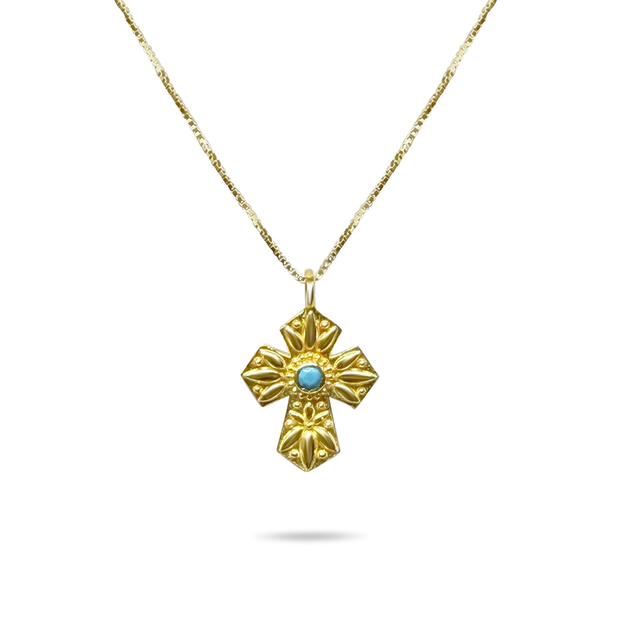 Gold plated cross necklace with turquoise stone