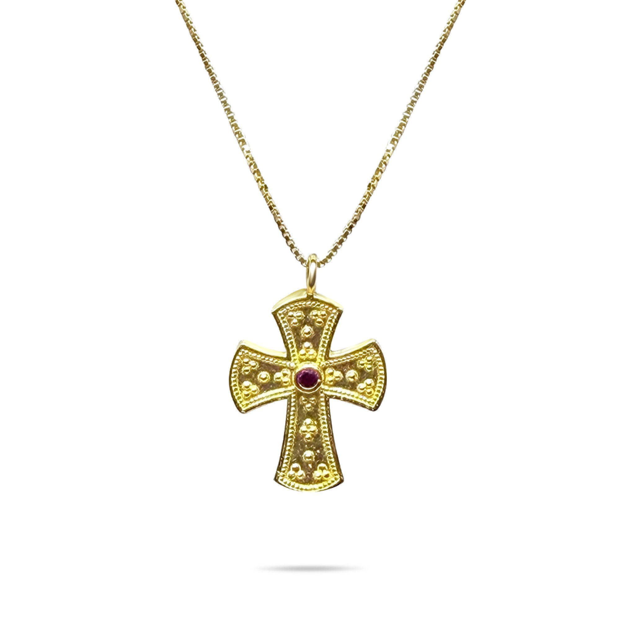 Gold plated cross necklace with ruby stone