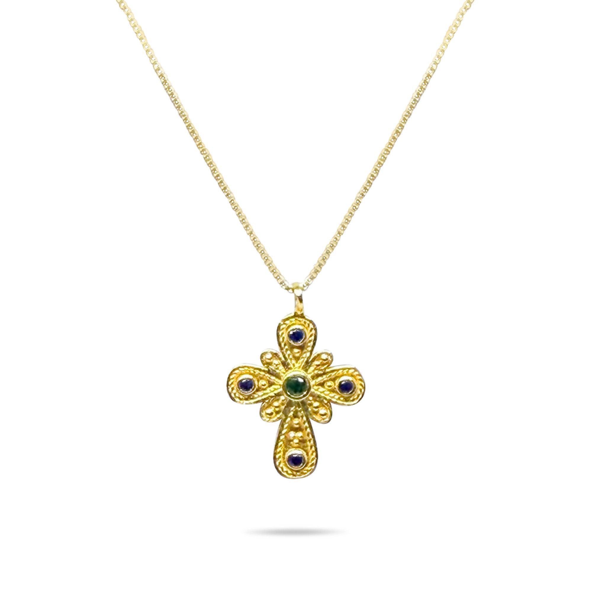 Gold plated cross necklace with emerald  and sapphire stones