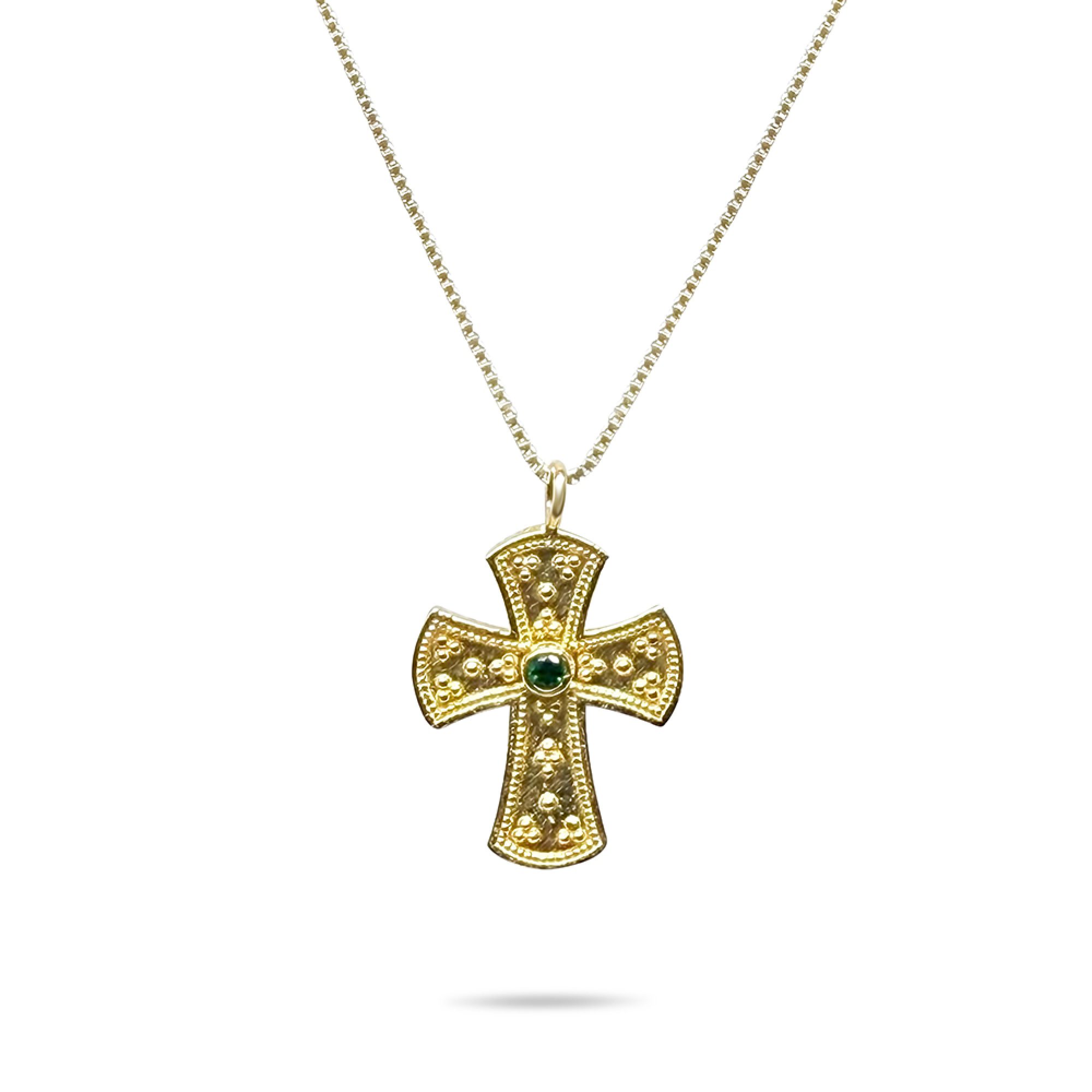 Gold plated cross necklace with emerald stone