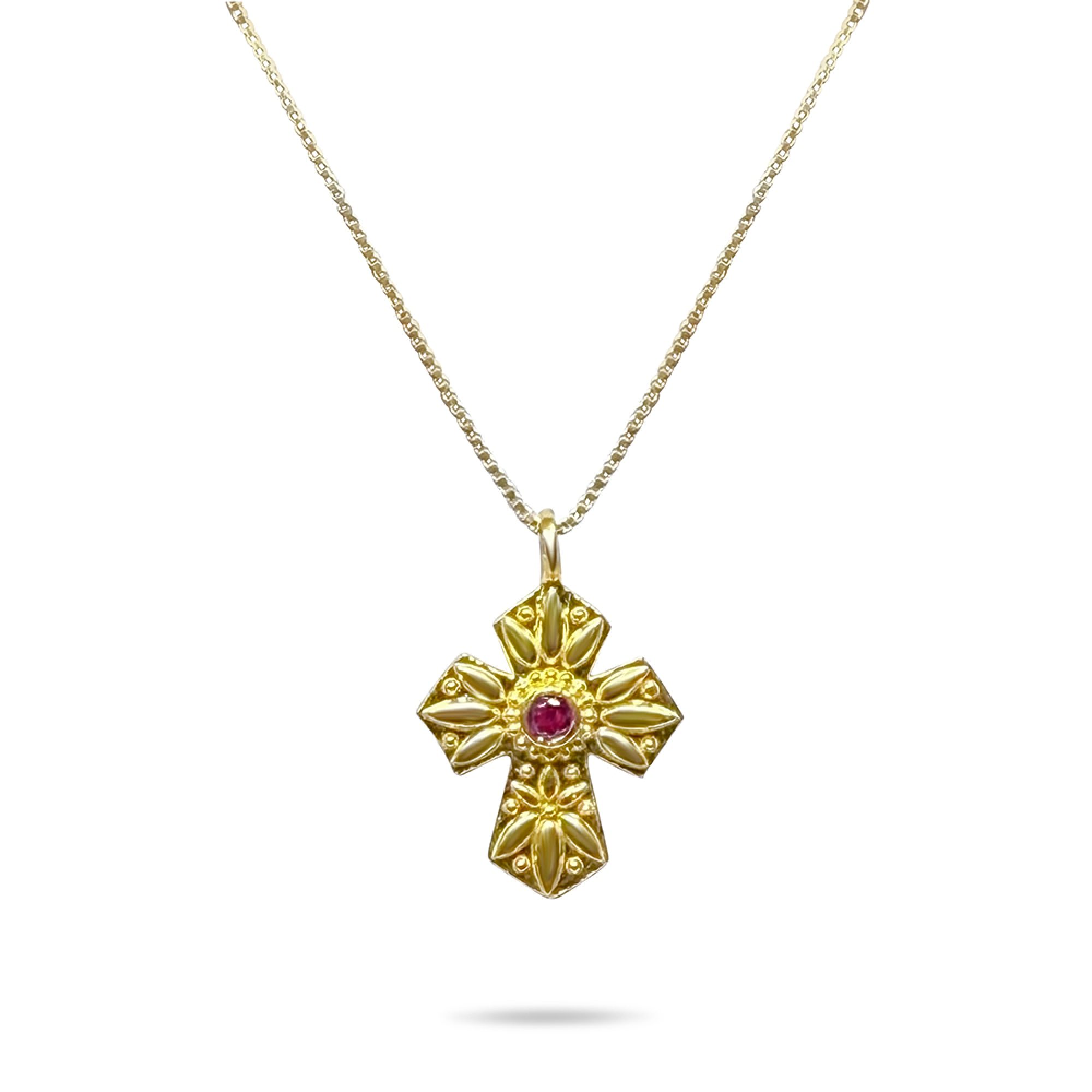 Gold plated cross necklace with ruby stone