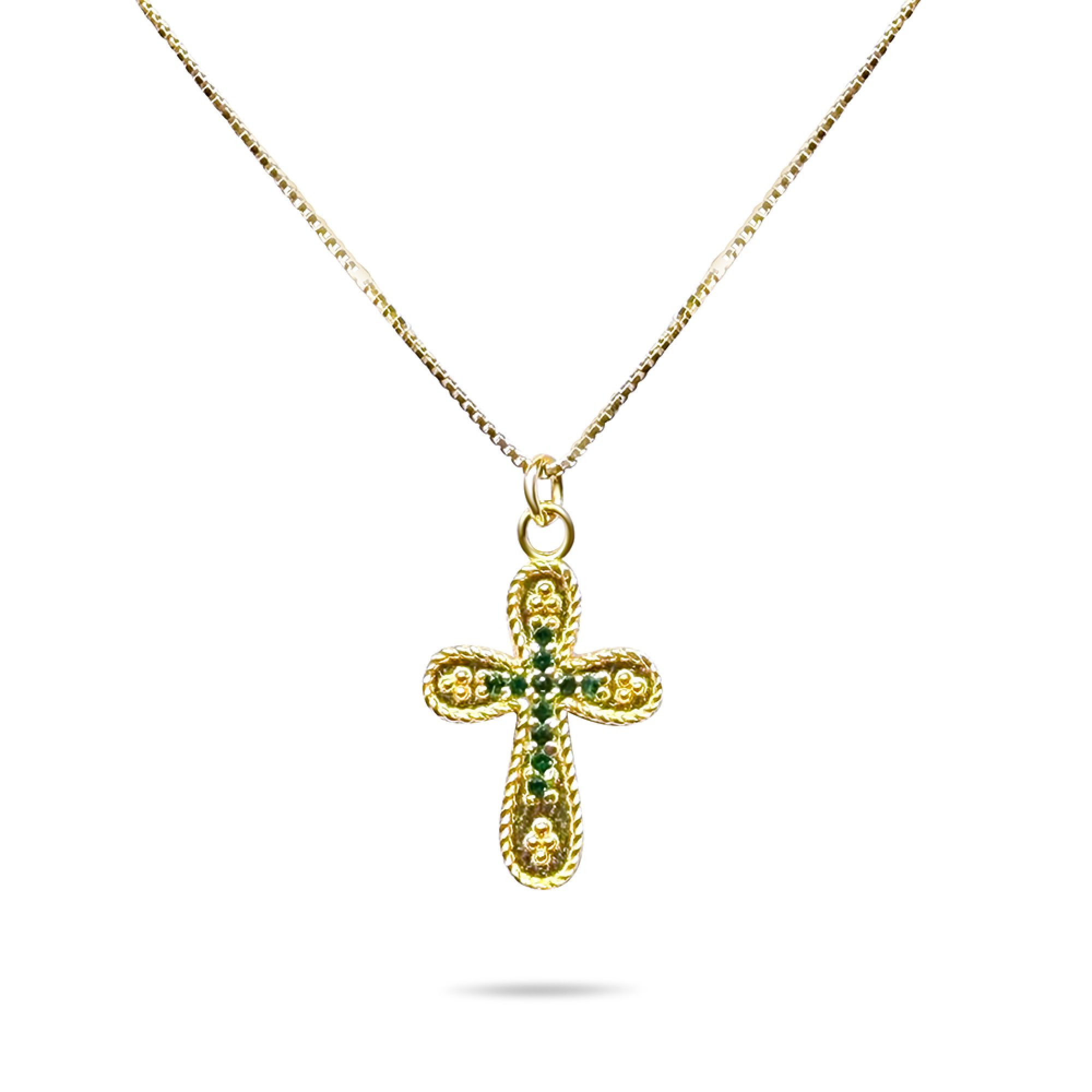 Gold plated cross necklace with emerald stones