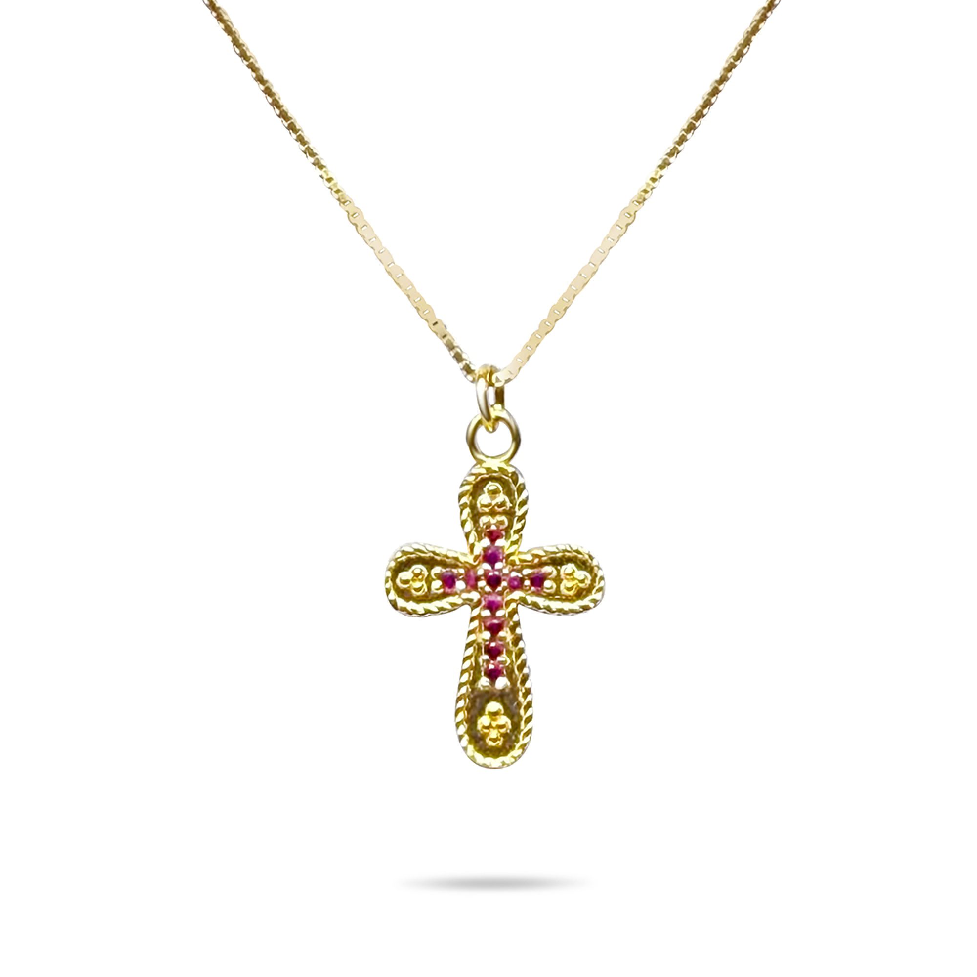 Gold plated cross necklace with ruby stones