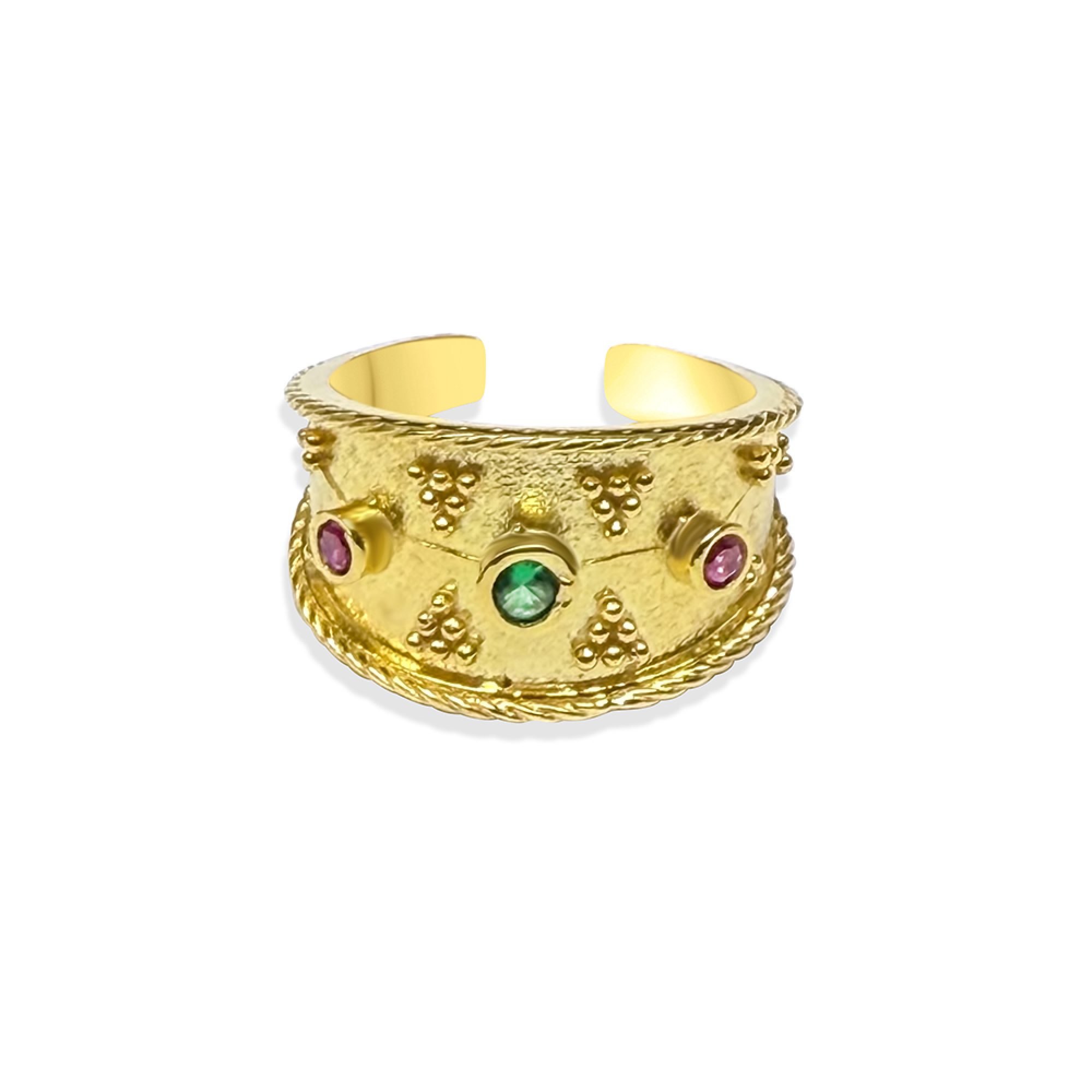 Gold plated ring with emerald and ruby stones