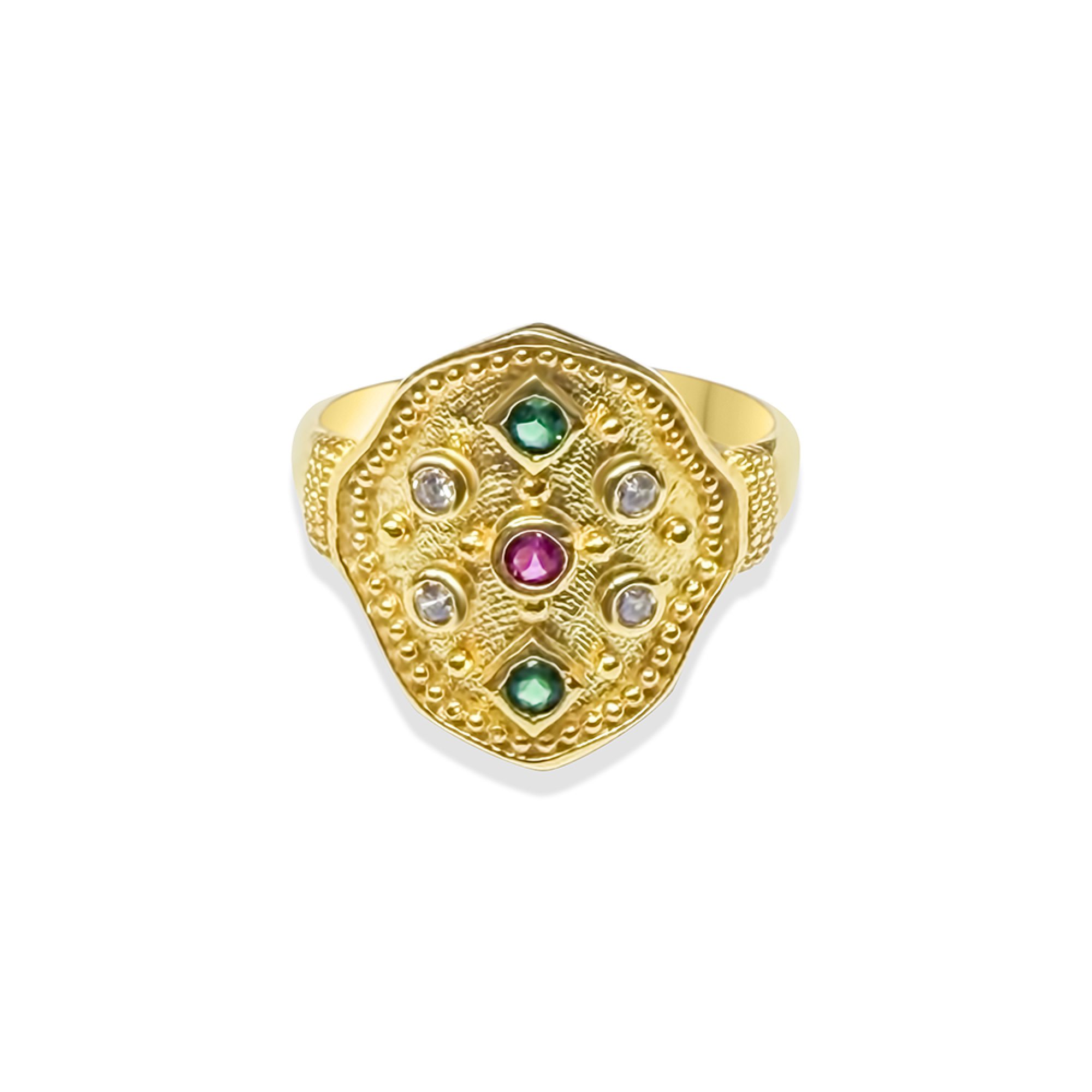 Gold plated ring with ruby, emerald and zircon stones