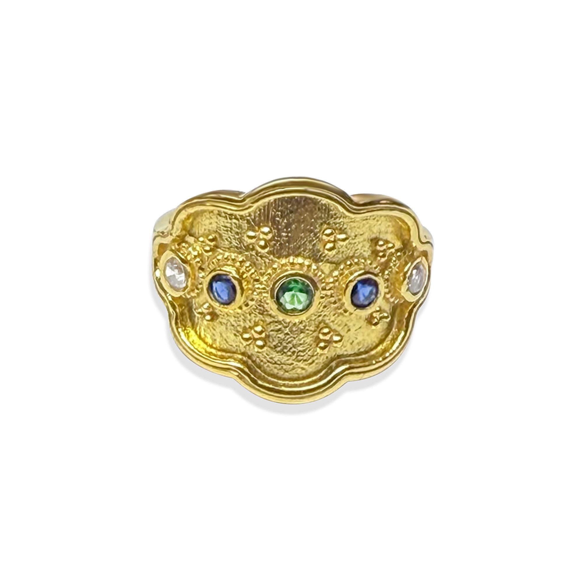 Gold plated ring with emerald, sapphire and zircon stones