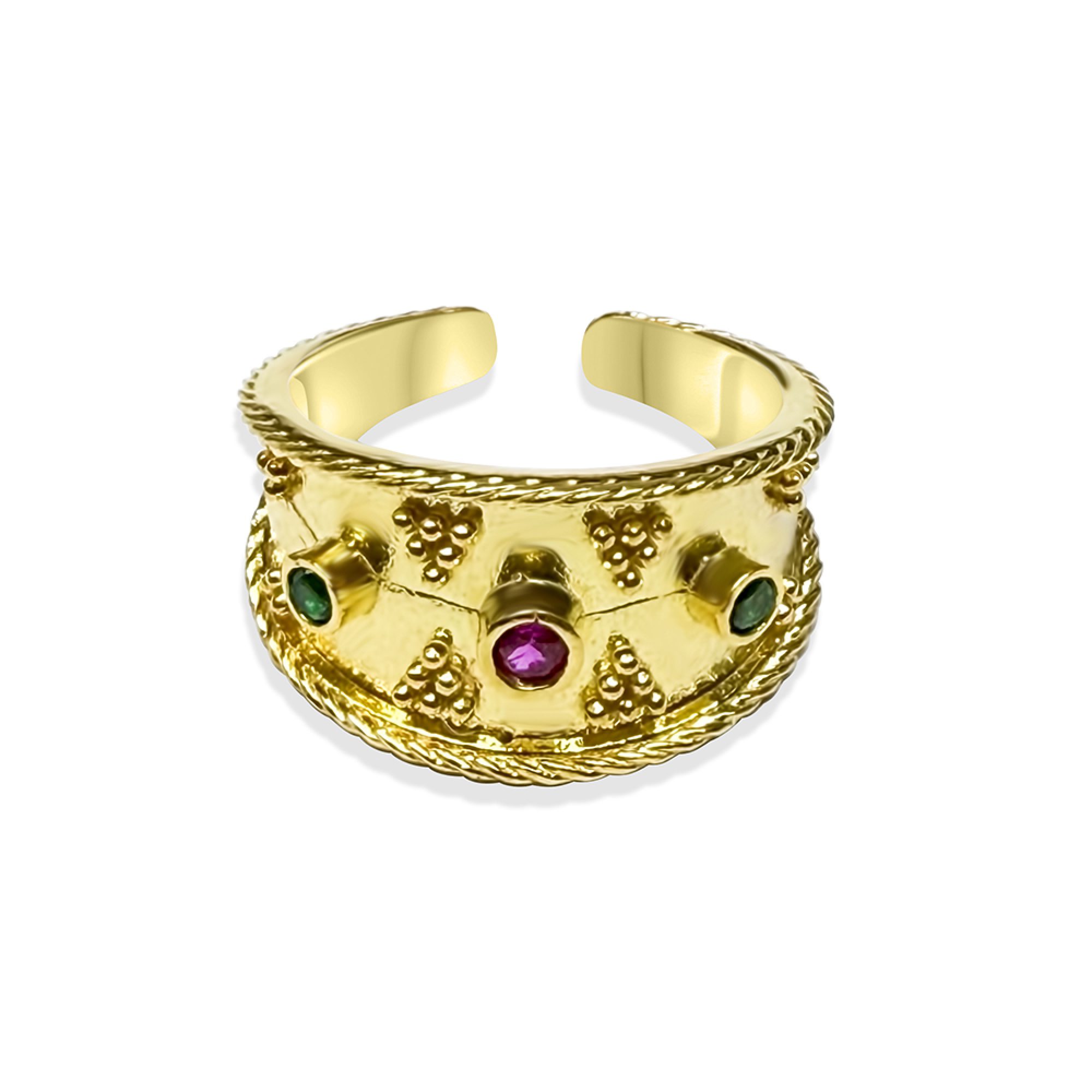 Gold plated ring with ruby and emerald stones