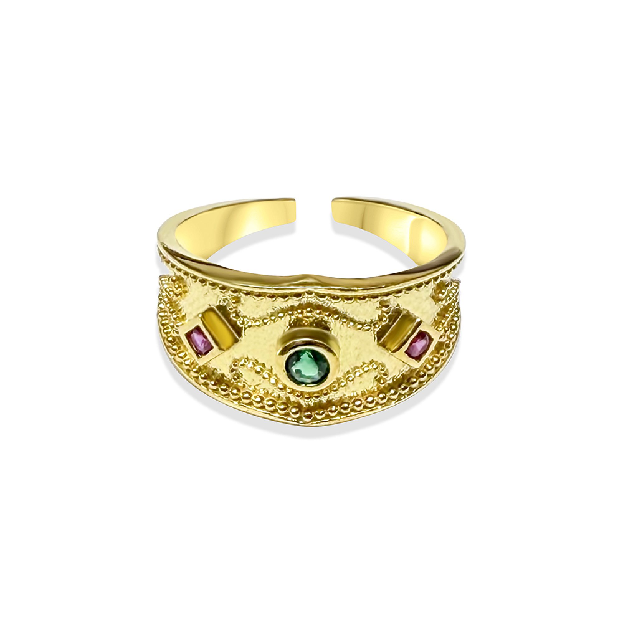 Gold plated ring with emerald and ruby stones