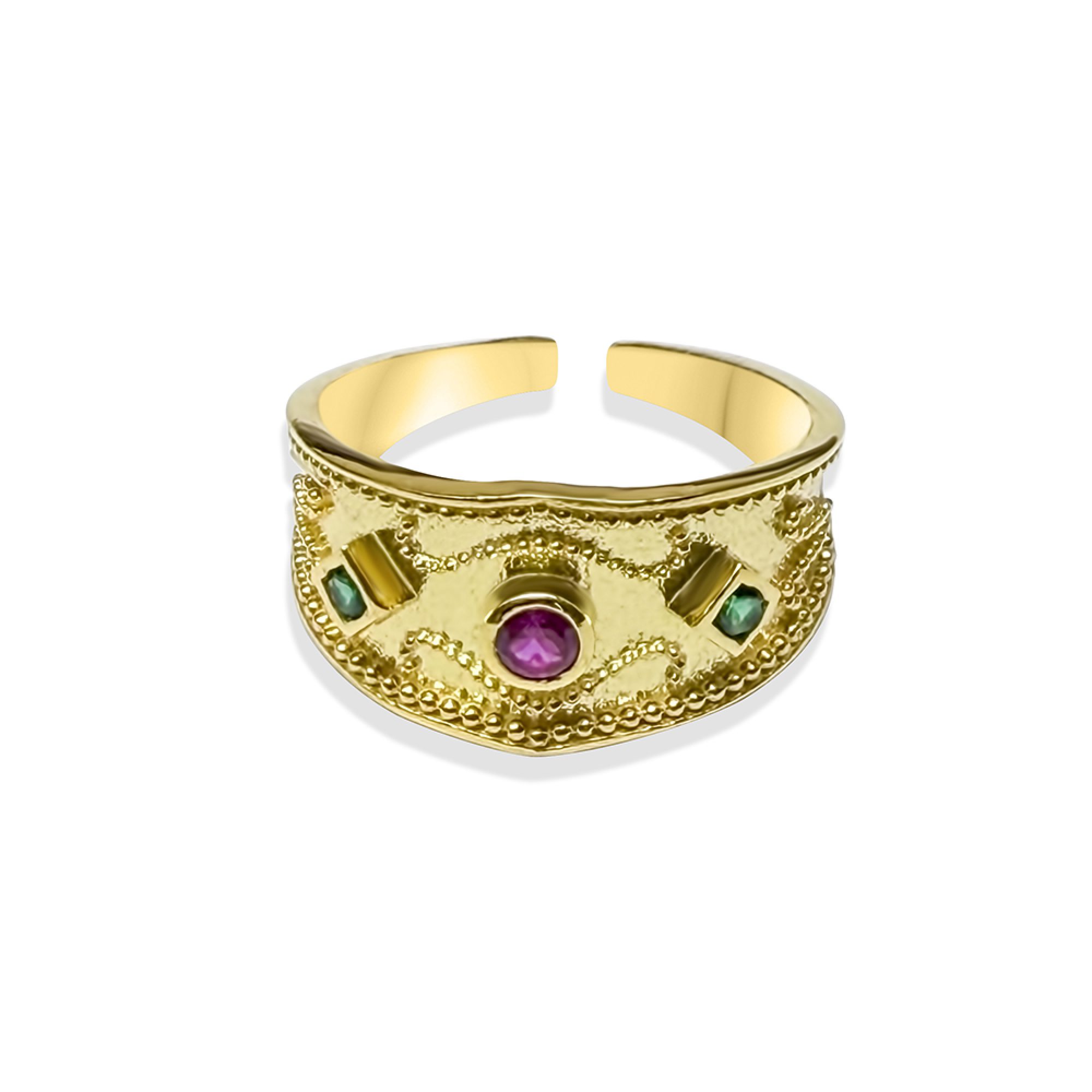 Gold plated ring with ruby and emerald stones
