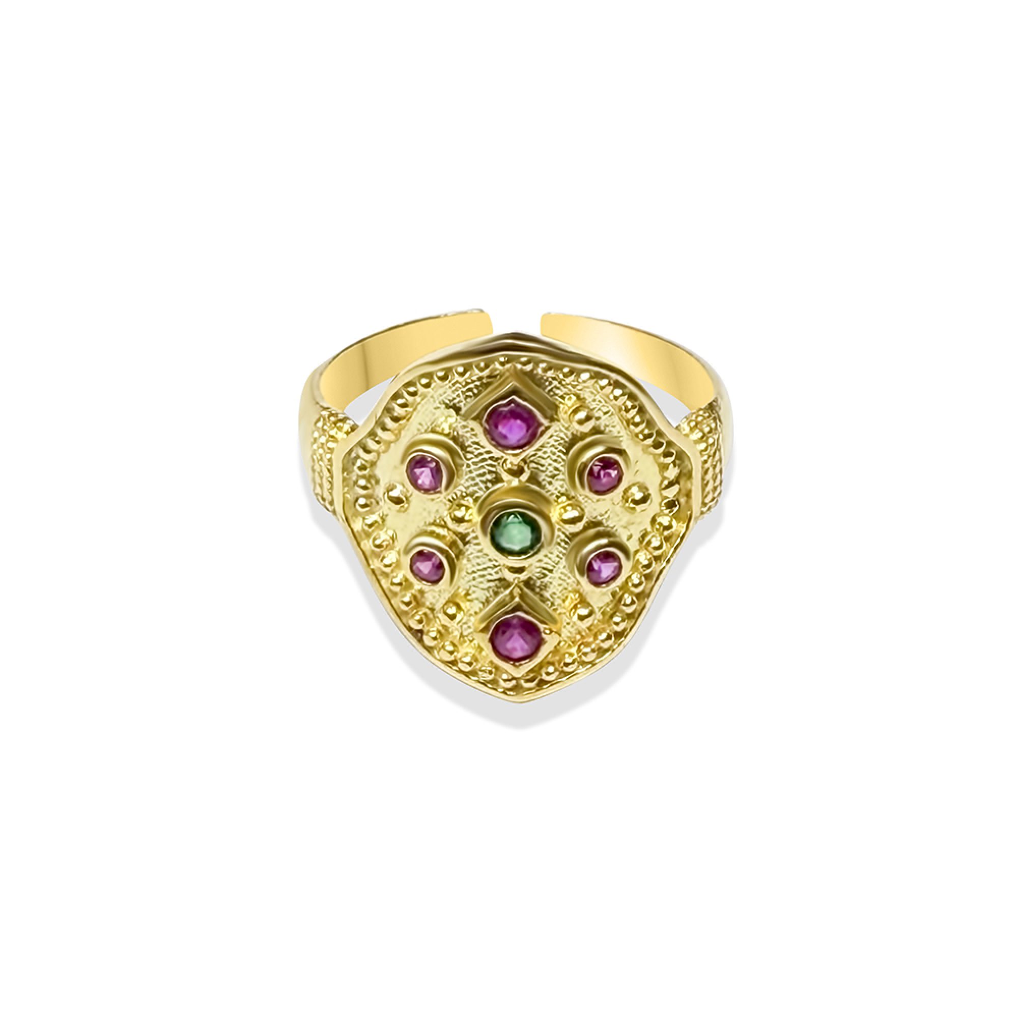 Gold plated ring with emerald and ruby stones