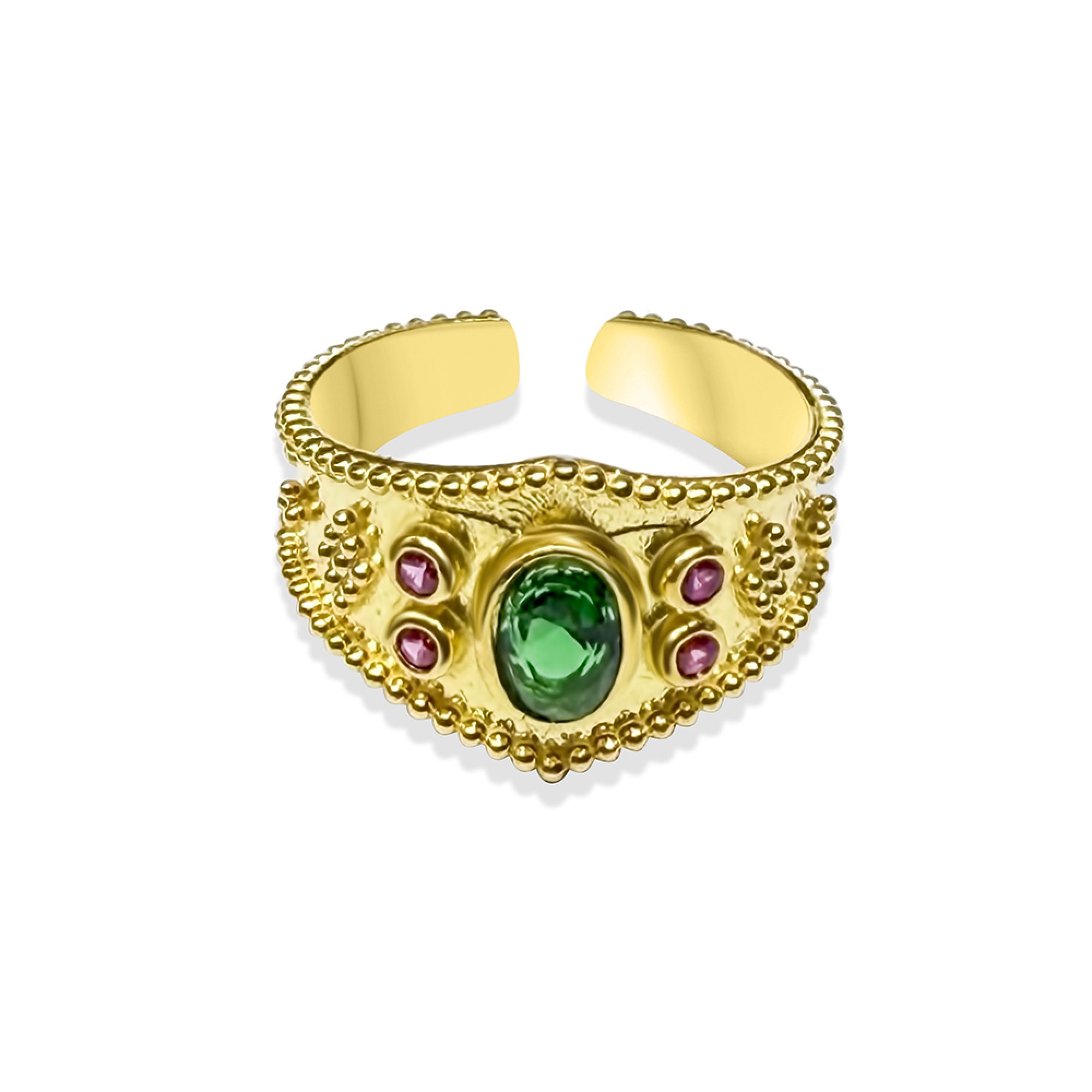 Gold plated ring with emerald and ruby stones
