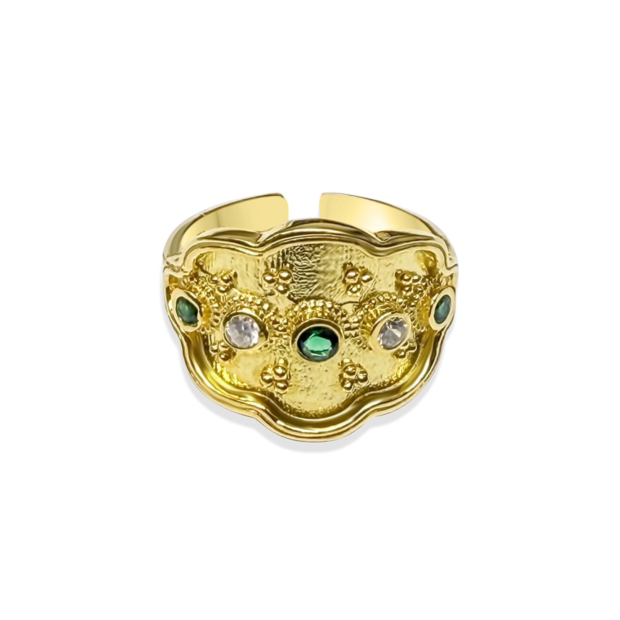 Gold plated ring with emerald and zircon stones