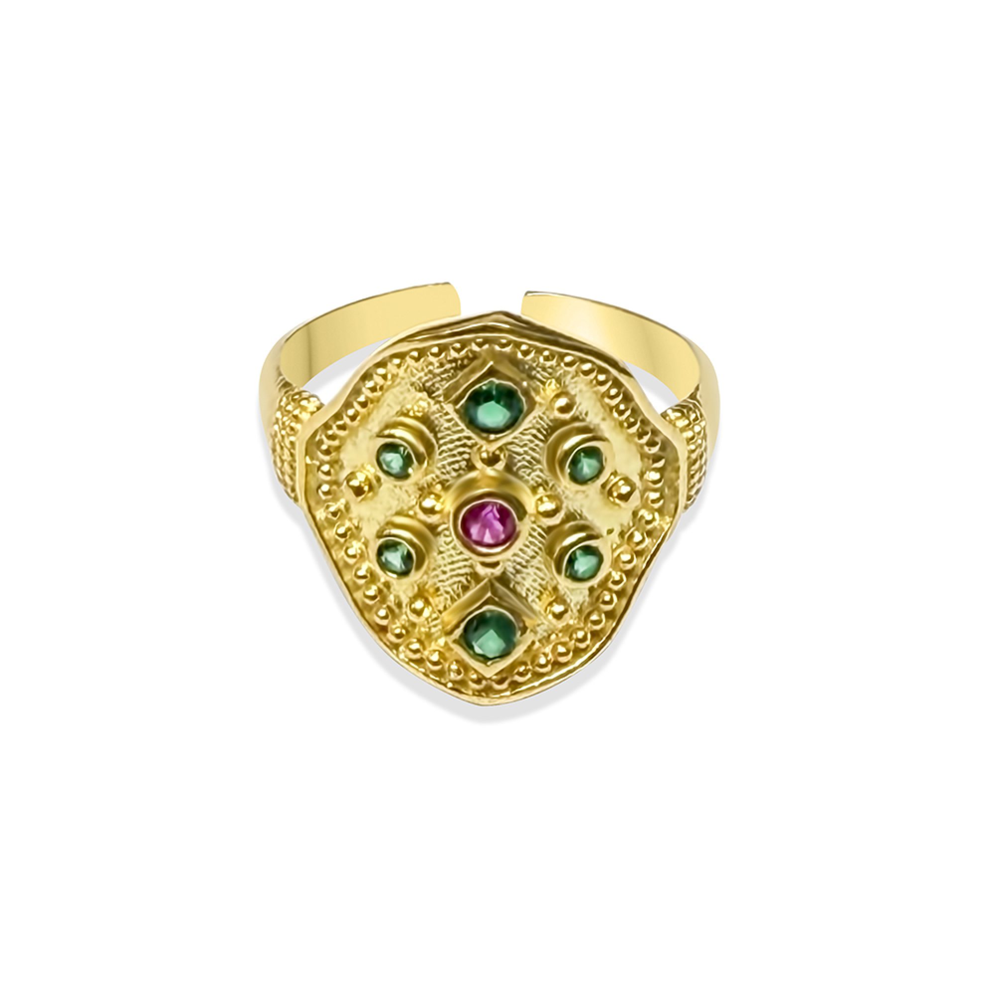 Gold plated ring with ruby and emerald stones