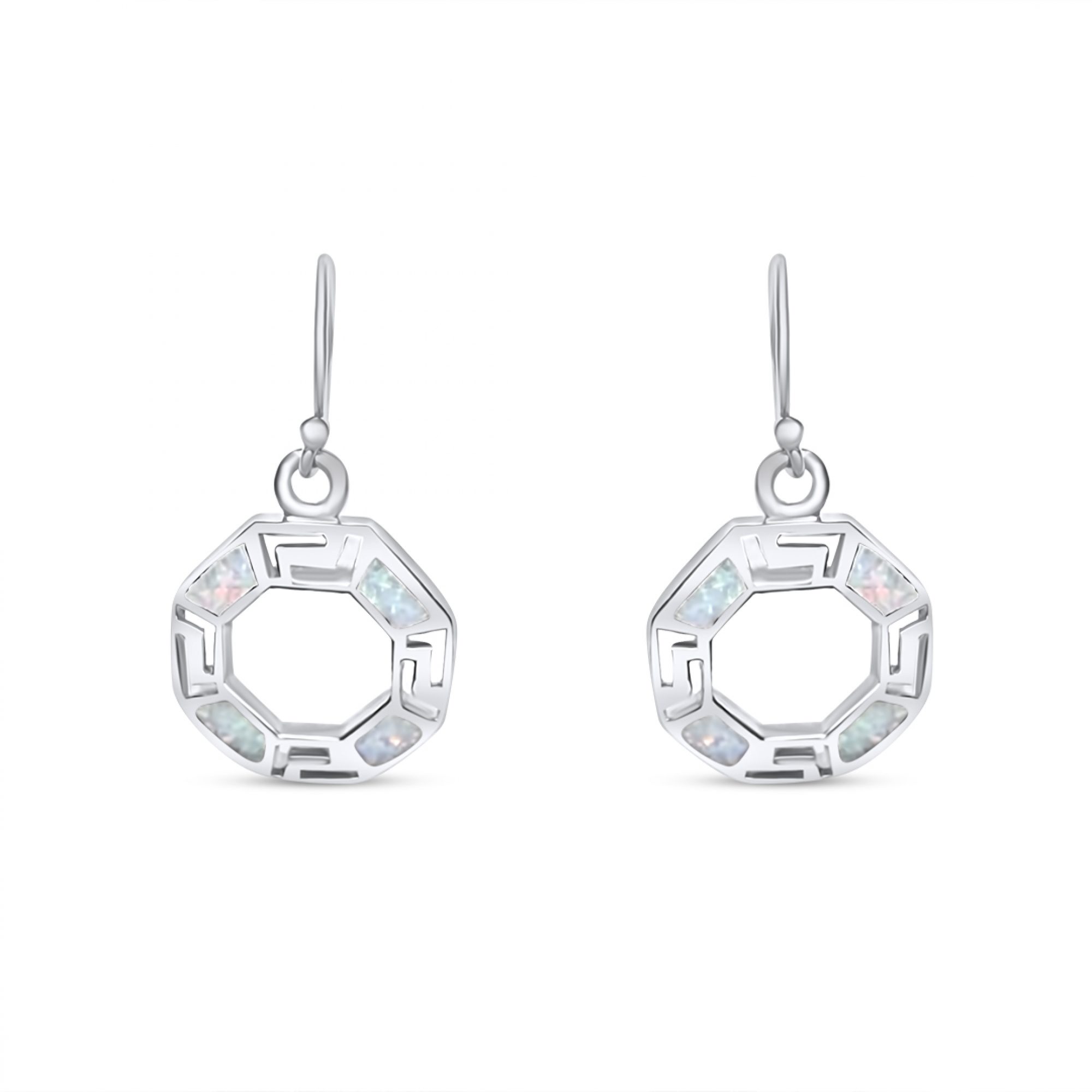 Dangle earrings with white opal and meander