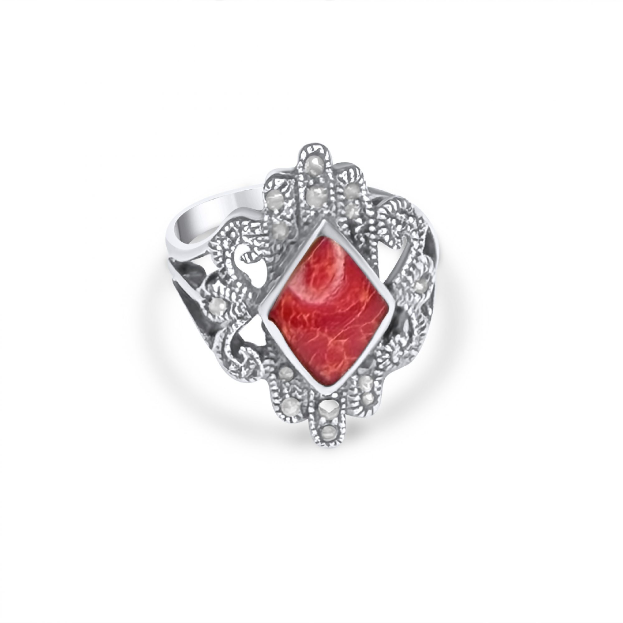 Δαχτυλίδι με πέτρα κοράλι και μαρκασίτες