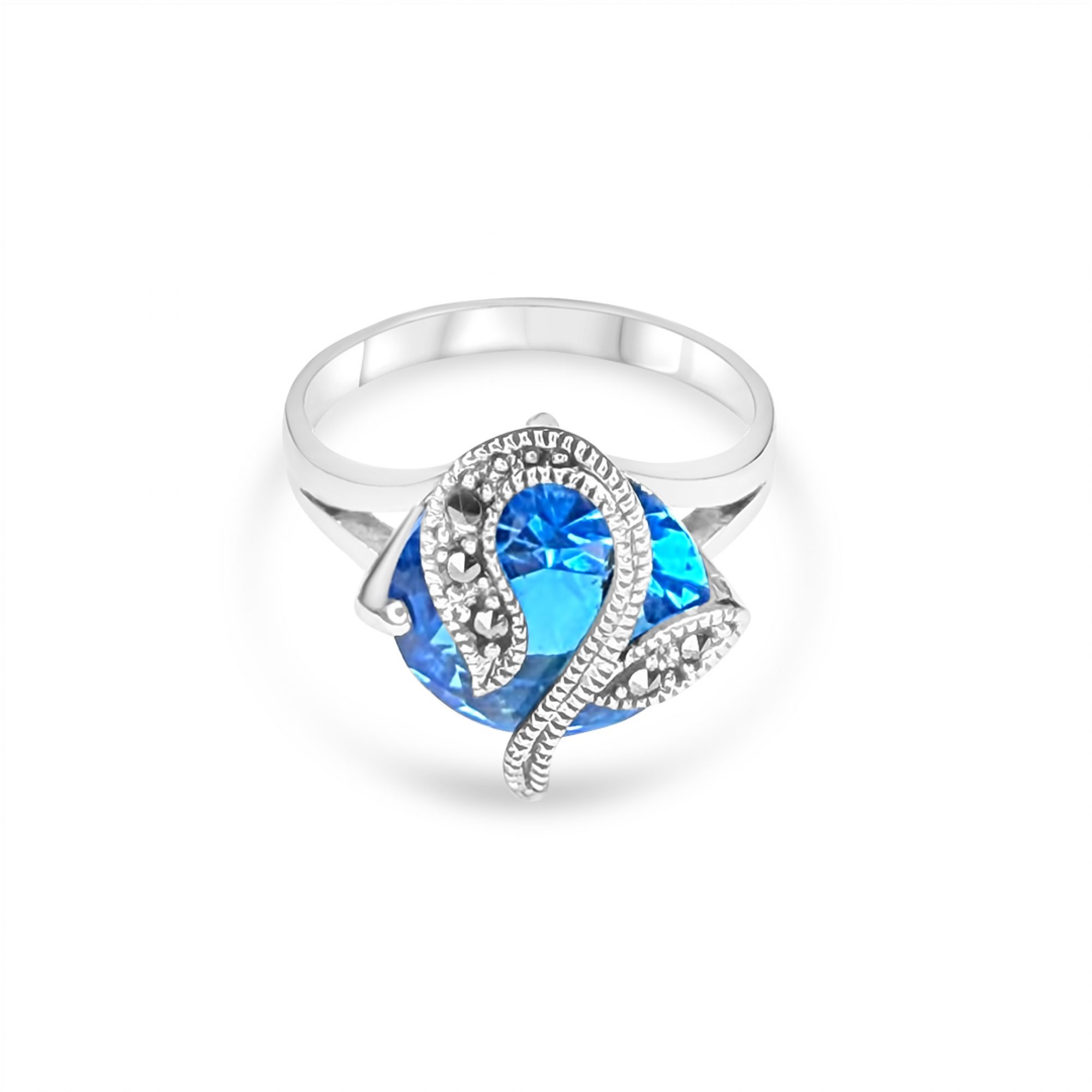 Ring with aquamarine stone and marcasites