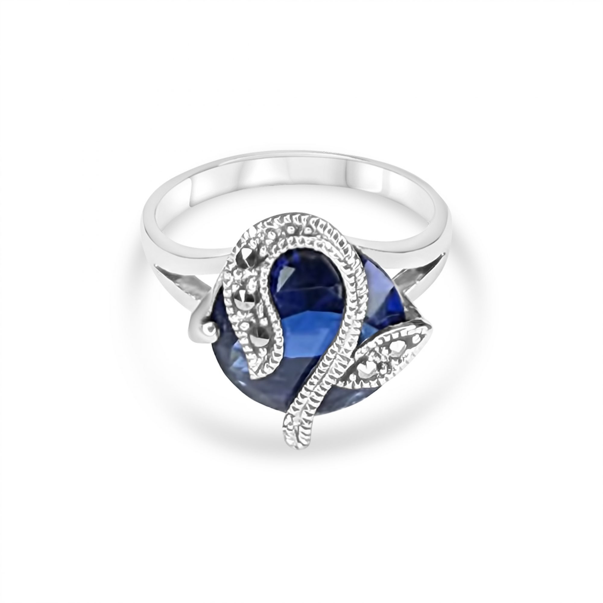 Ring with sapphire stone and marcasites