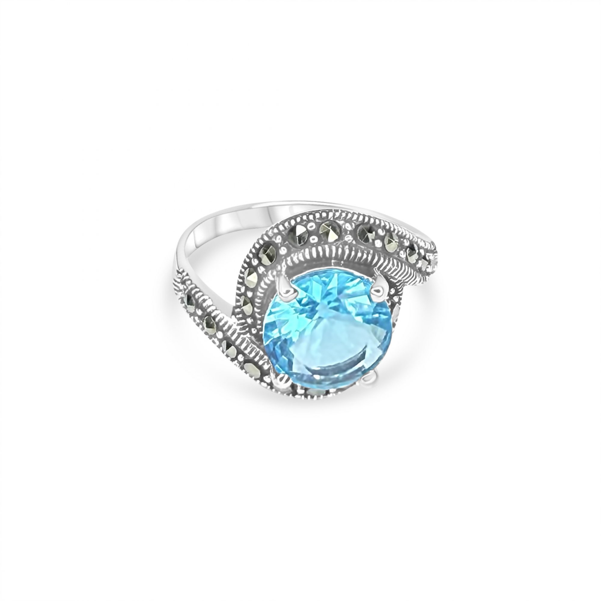 Ring with aquamarine stone and marcasites