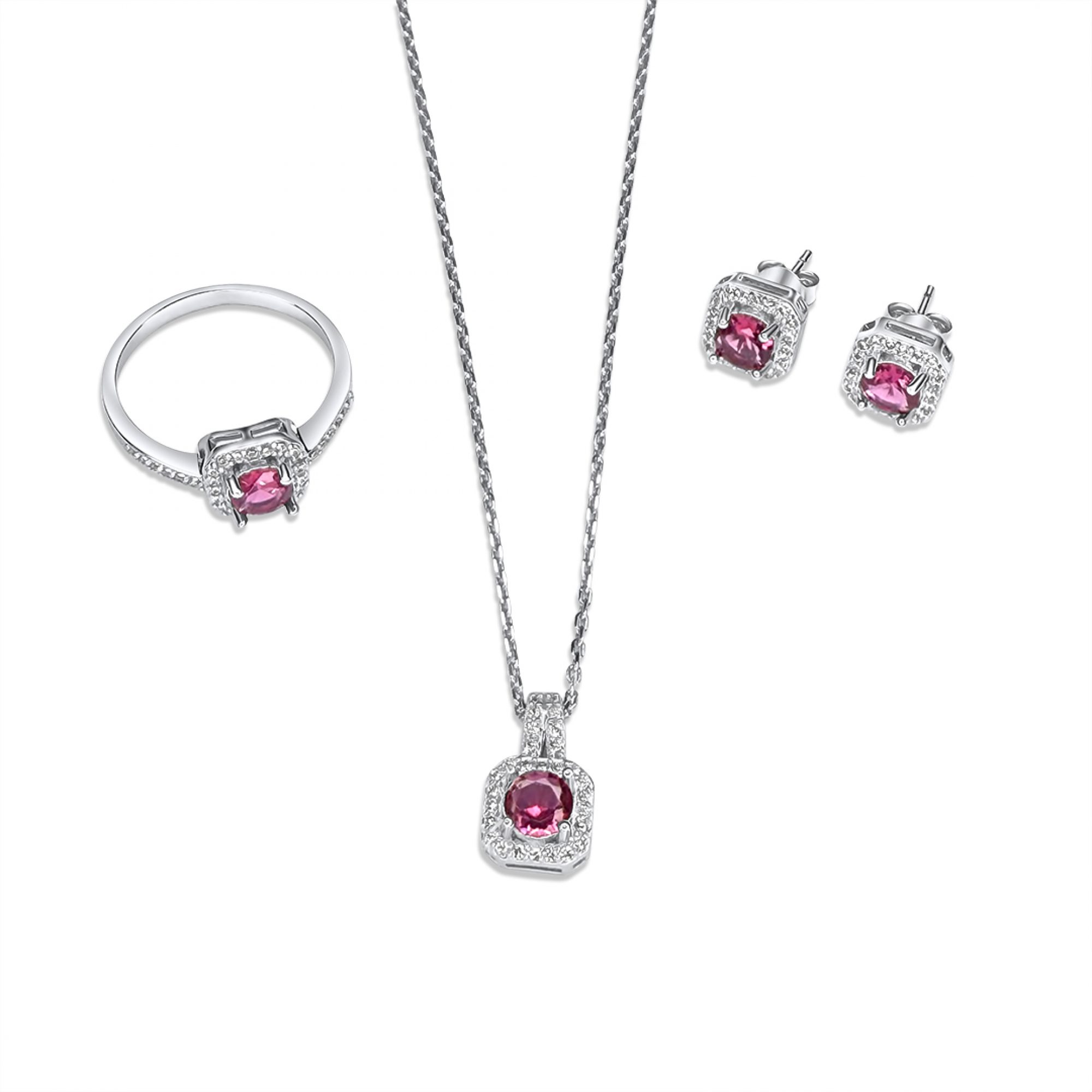 Σετ κολιέ, δαχτυλίδι και σκουλαρίκια καρφωτά με πέτρες ζιργκόν και ρουμπίνι