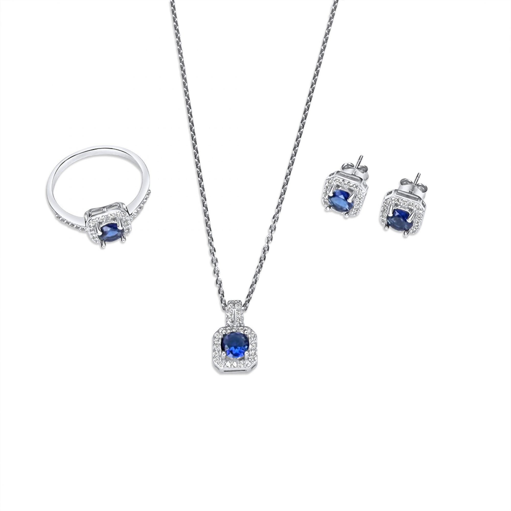 Σετ κολιέ, δαχτυλίδι και σκουλαρίκια καρφωτά με πέτρες ζιργκόν και ζαφείρι