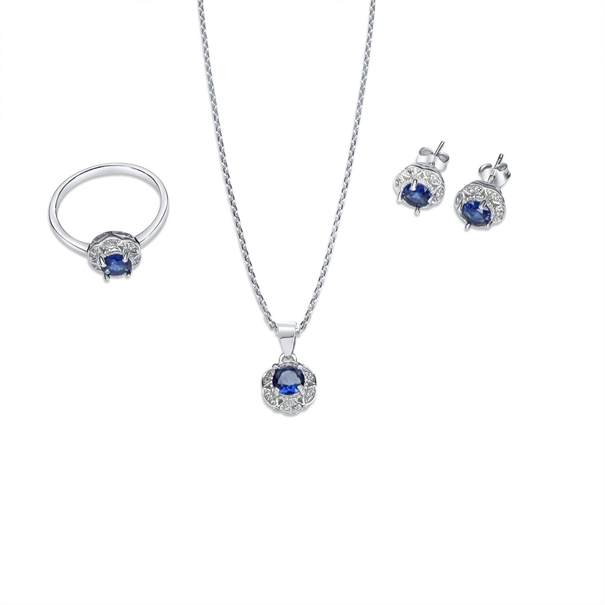 Σετ κολιέ, δαχτυλίδι και σκουλαρίκια καρφωτά με πέτρες ζιργκόν και ζαφείρι