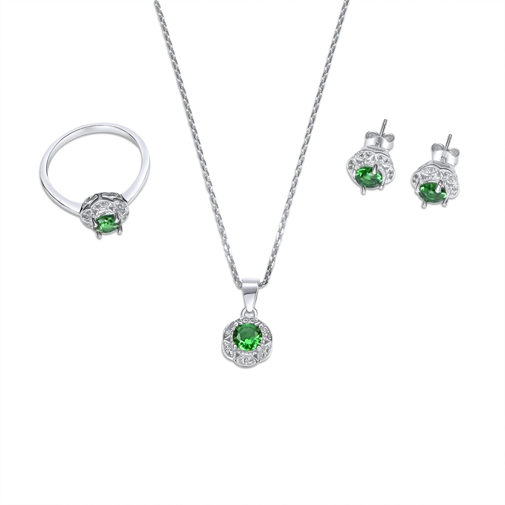Σετ κολιέ, δαχτυλίδι και σκουλαρίκια καρφωτά με πέτρες ζιργκόν και σμαράγδι