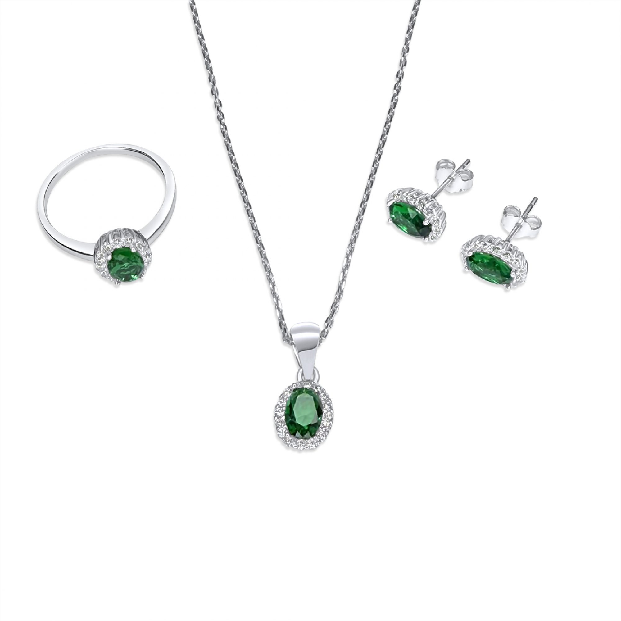 Σετ κολιέ, δαχτυλίδι και σκουλαρίκια καρφωτά με πέτρες ζιργκόν και σμαράγδι