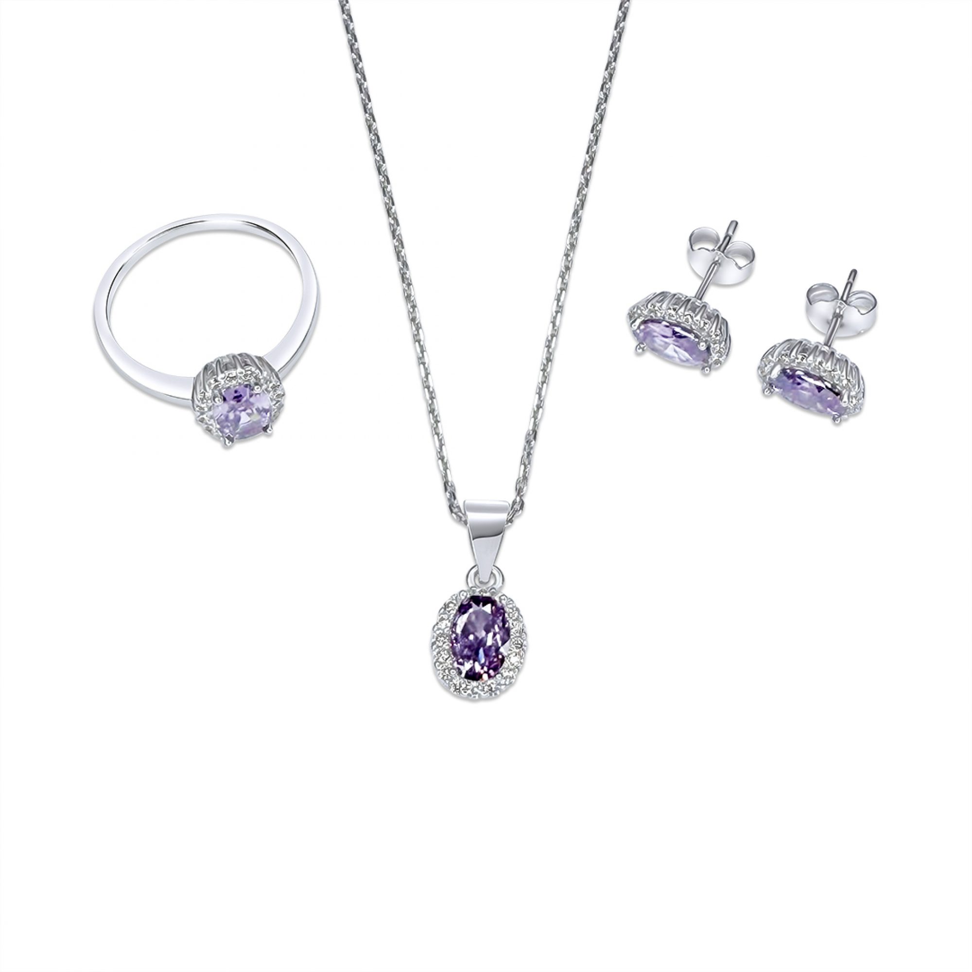 Σετ κολιέ, δαχτυλίδι και σκουλαρίκια καρφωτά με πέτρες ζιργκόν και αμέθυστο
