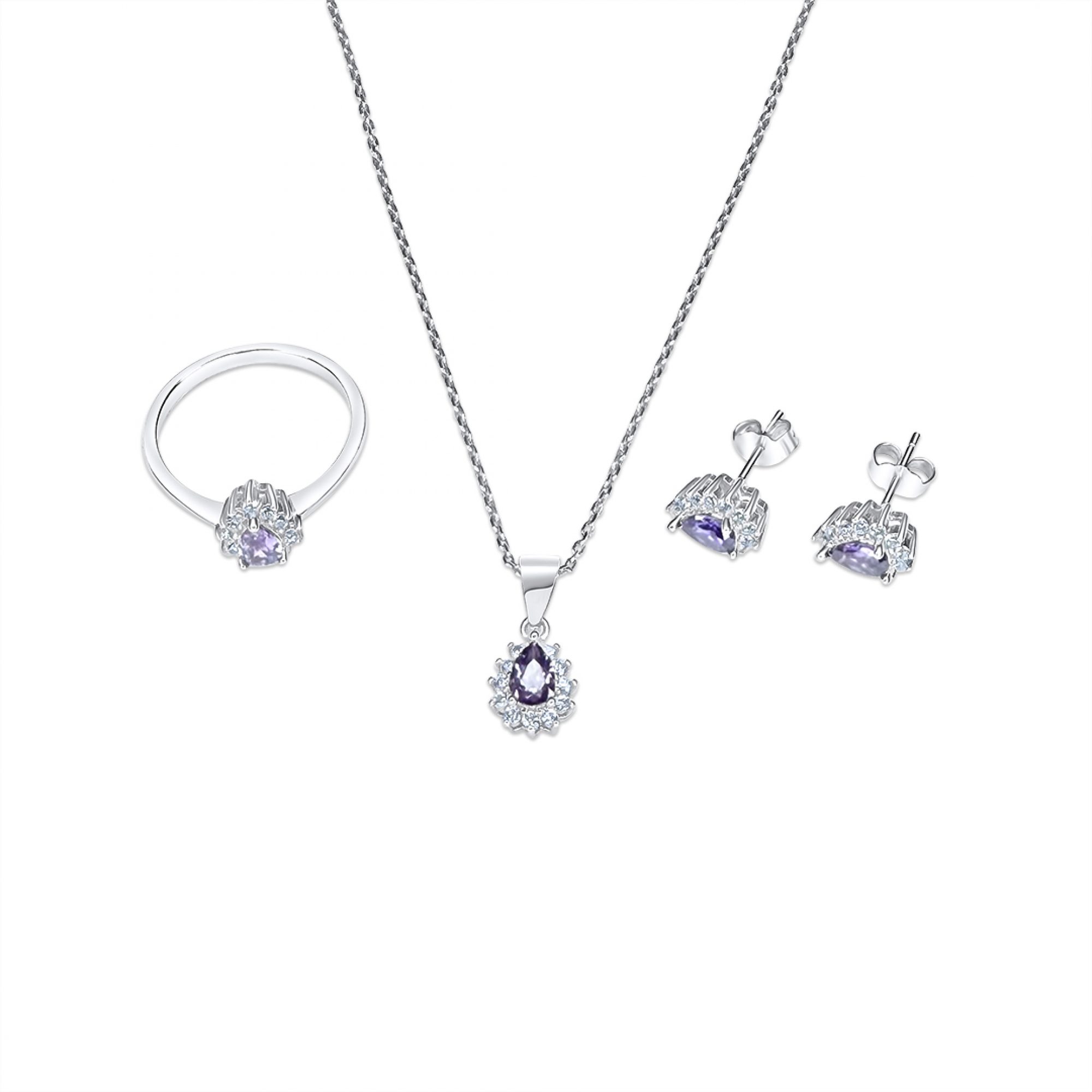 Σετ κολιέ, δαχτυλίδι και σκουλαρίκια καρφωτά με πέτρες ζιργκόν και αμέθυστο