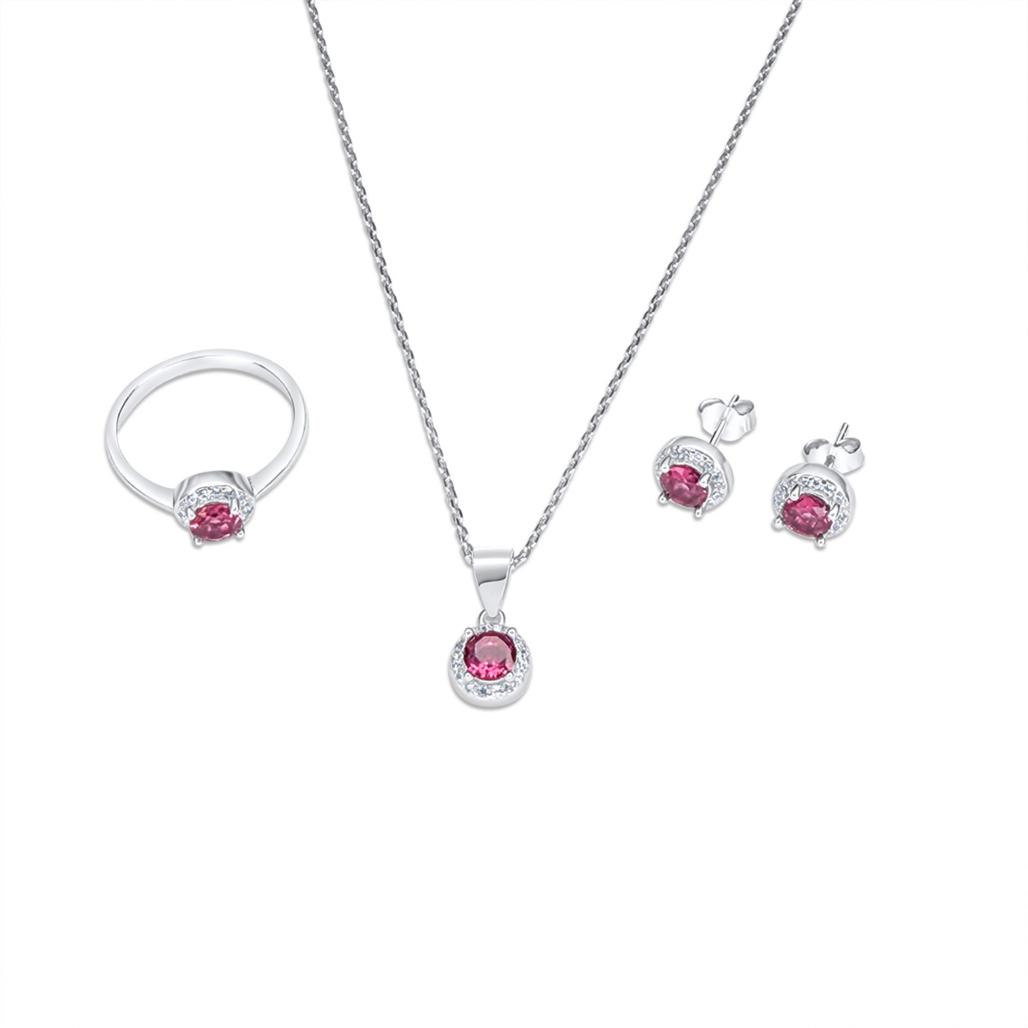 Σετ κολιέ, δαχτυλίδι και σκουλαρίκια καρφωτά με πέτρες ζιργκόν και ρουμπίνι