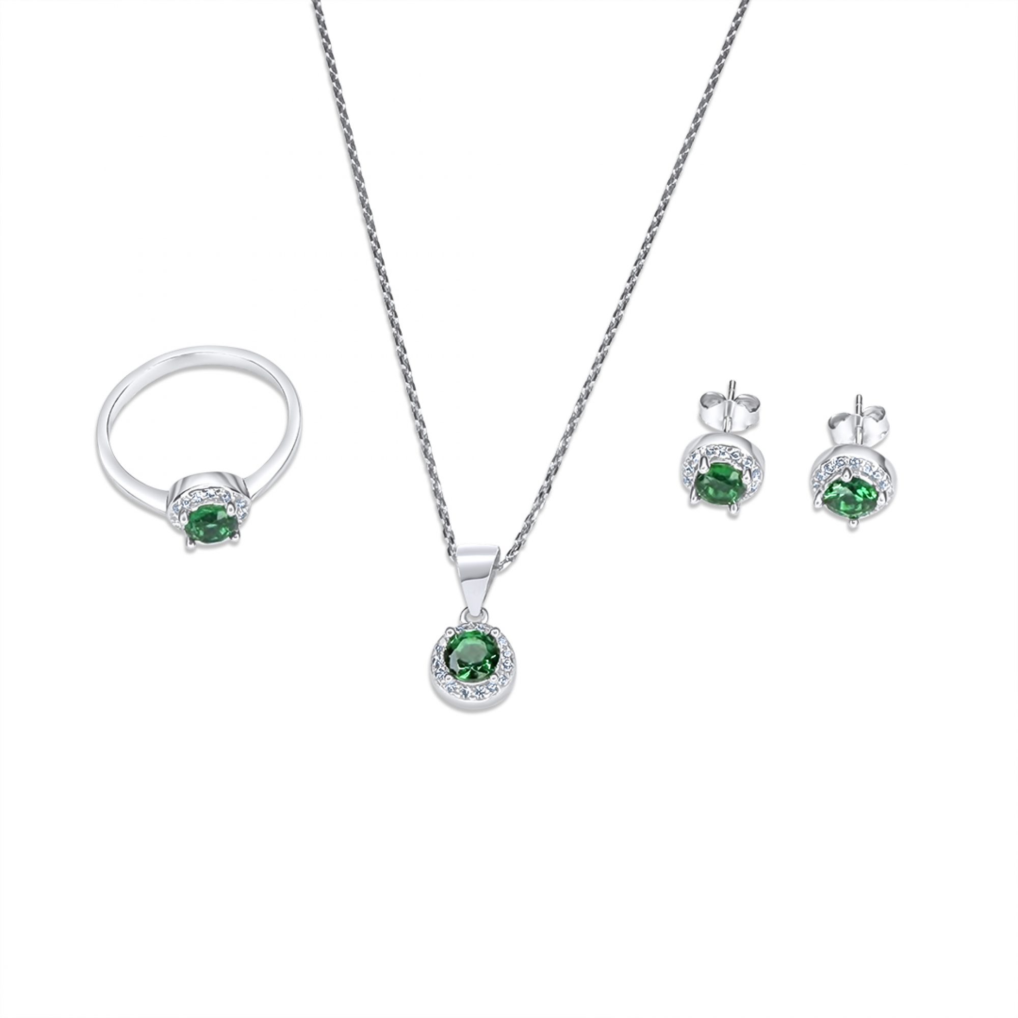 Σετ κολιέ, δαχτυλίδι και σκουλαρίκια καρφωτά με πέτρες ζιργκόν και σμαράγδι