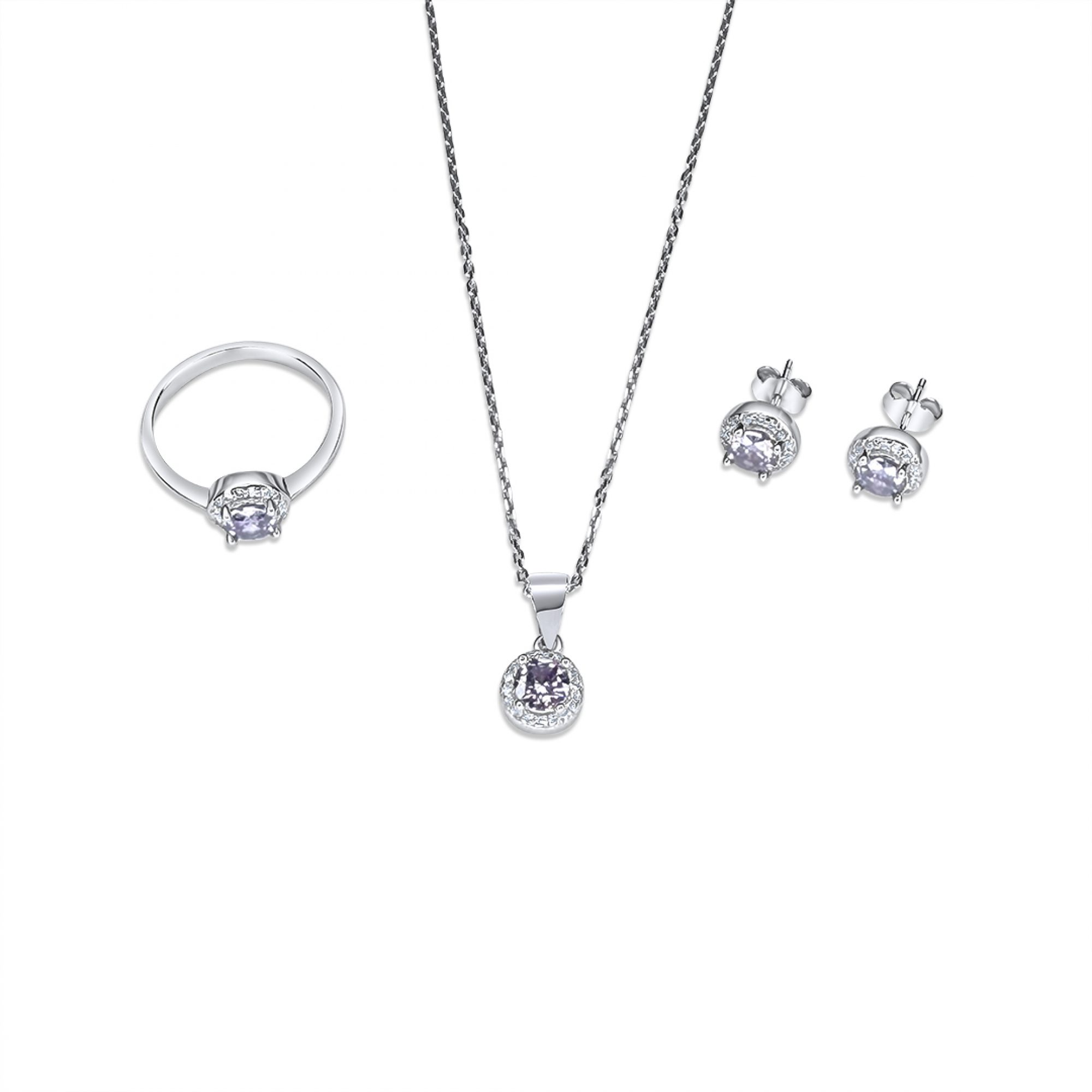 Σετ κολιέ, δαχτυλίδι και σκουλαρίκια καρφωτά με πέτρες ζιργκόν και αμέθυστο