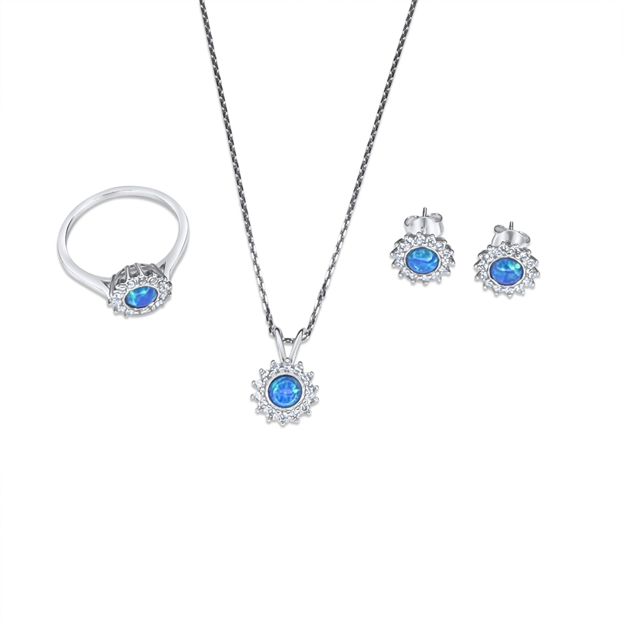 Σετ κολιέ, δαχτυλίδι και σκουλαρίκια καρφωτά με πέτρες ζιργκόν και όπαλ