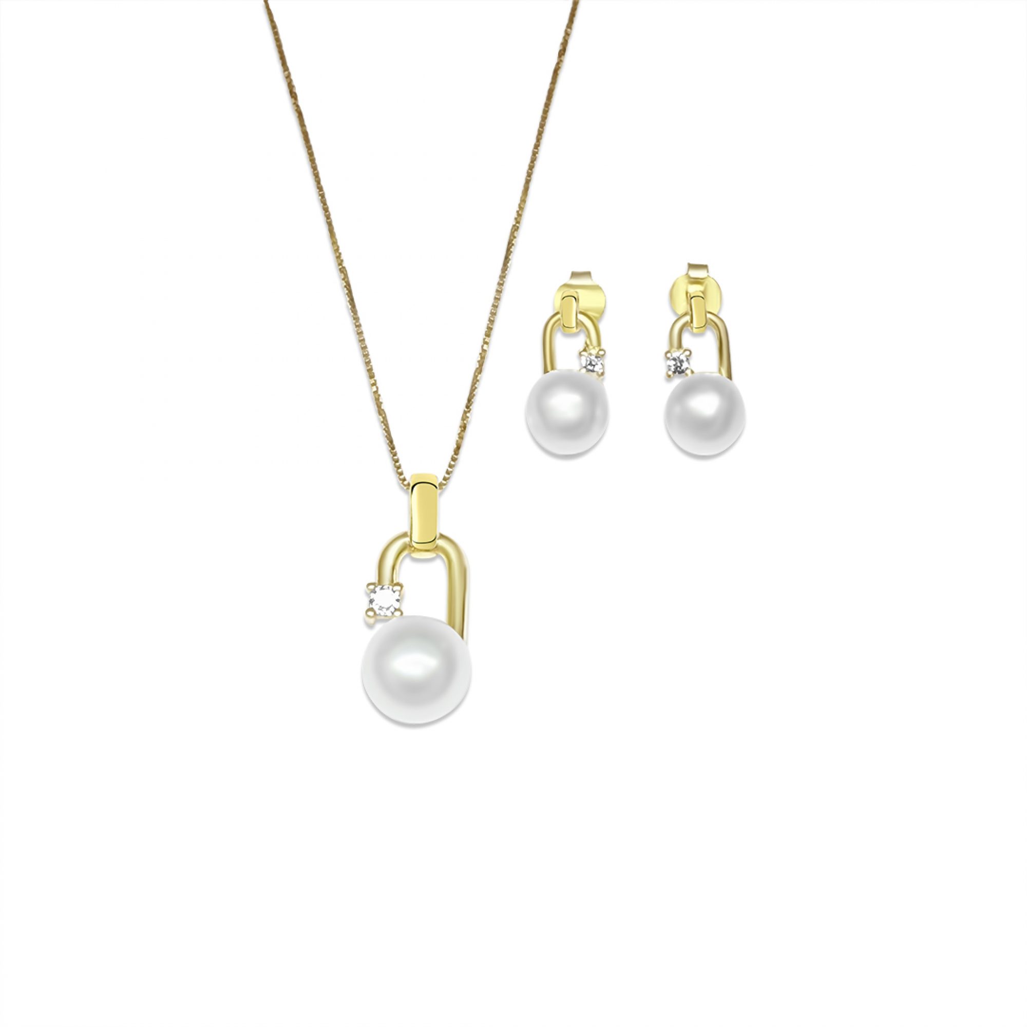 Σετ κολιέ και σκουλαρίκια καρφωτά με πέτρα ζιργκόν και μαργαριτάρι επίχρυσο