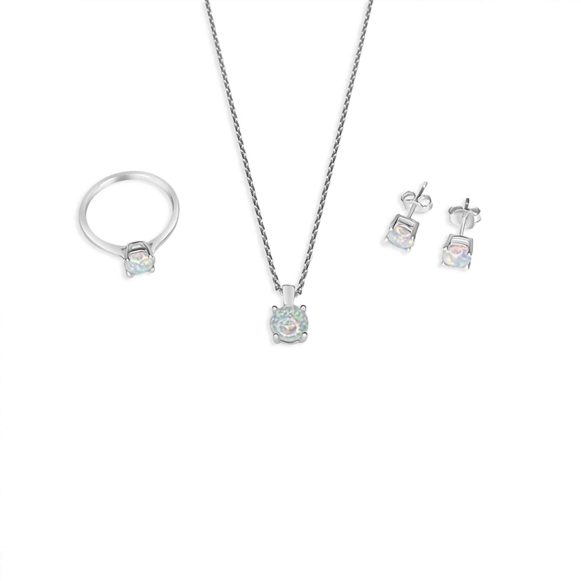 Σετ κολιέ, δαχτυλίδι και σκουλαρίκια καρφωτά με πέτρες λευκό όπαλ