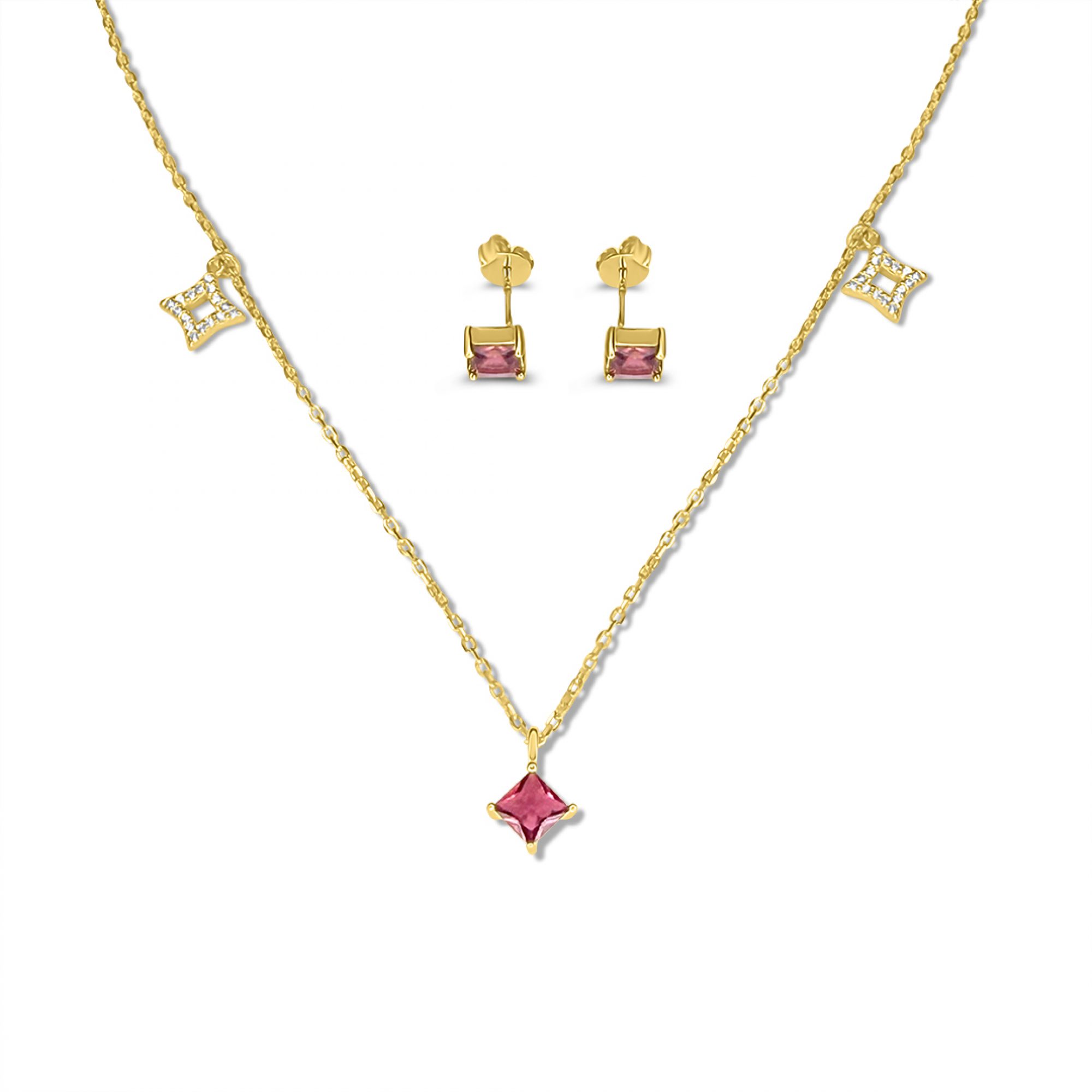 Gold plated set with ruby and zircon stones