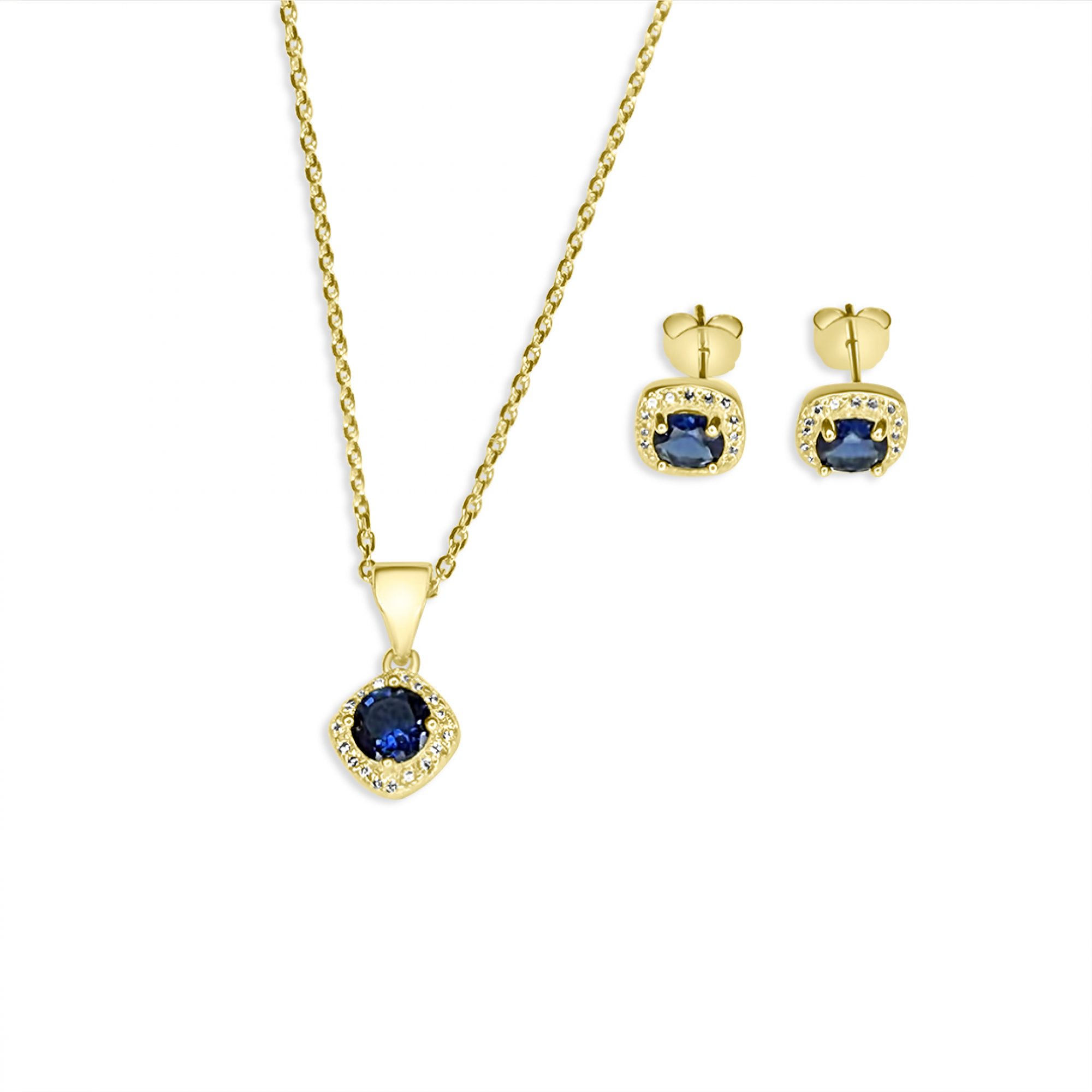 Σετ κολιέ και σκουλαρίκια καρφωτά με πέτρες ζιργκόν και ζαφείρι επίχρυσο
