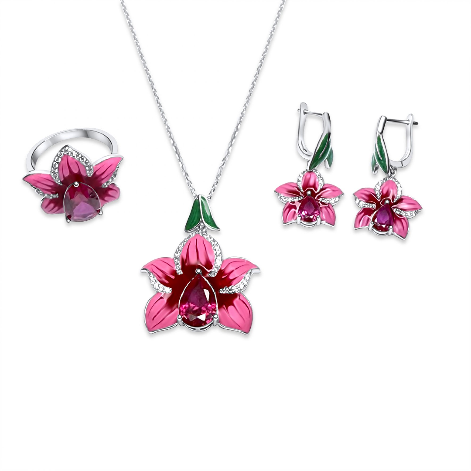 Set with enamel, ruby and zircon stones