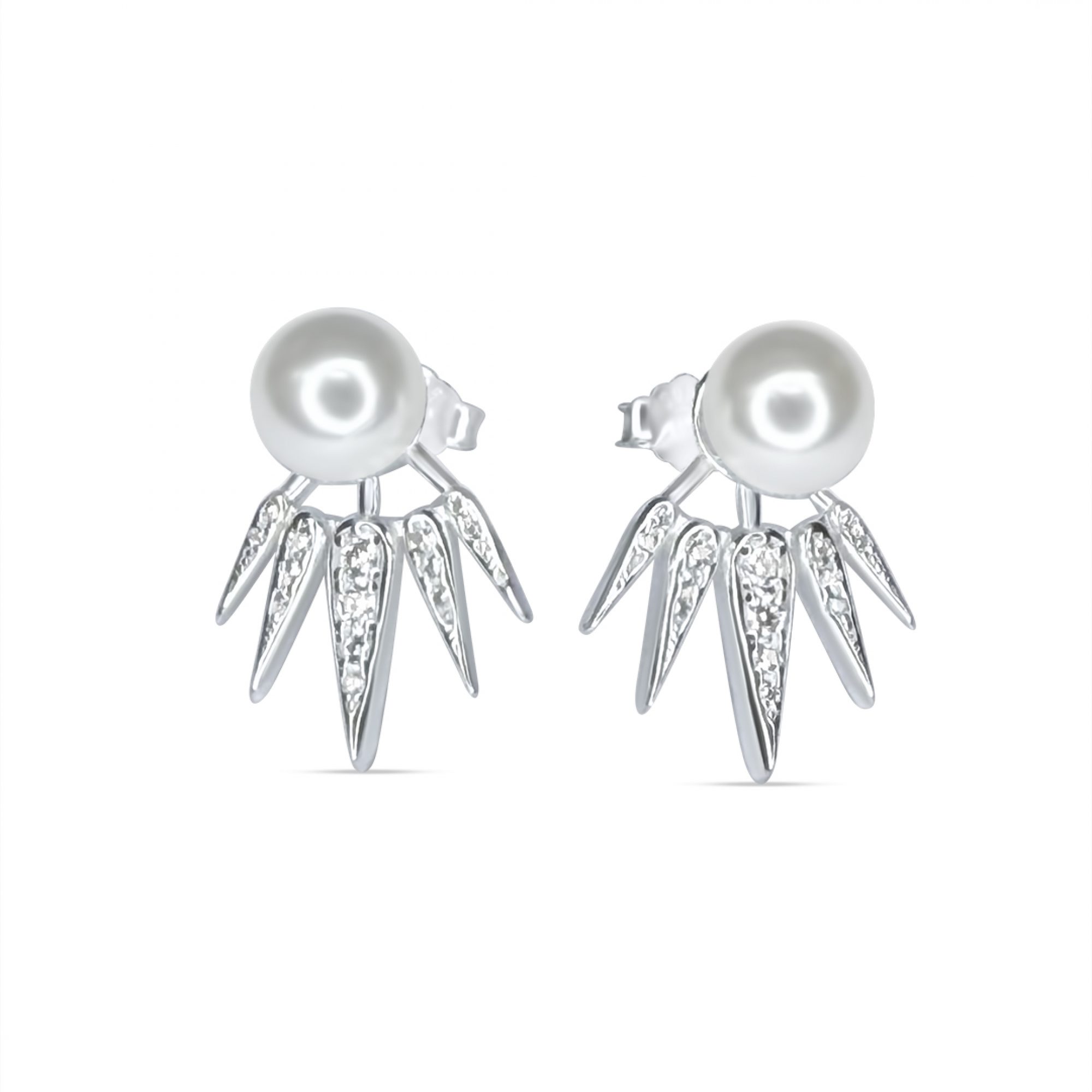 Silver stud earrings with pearl and zircon stones