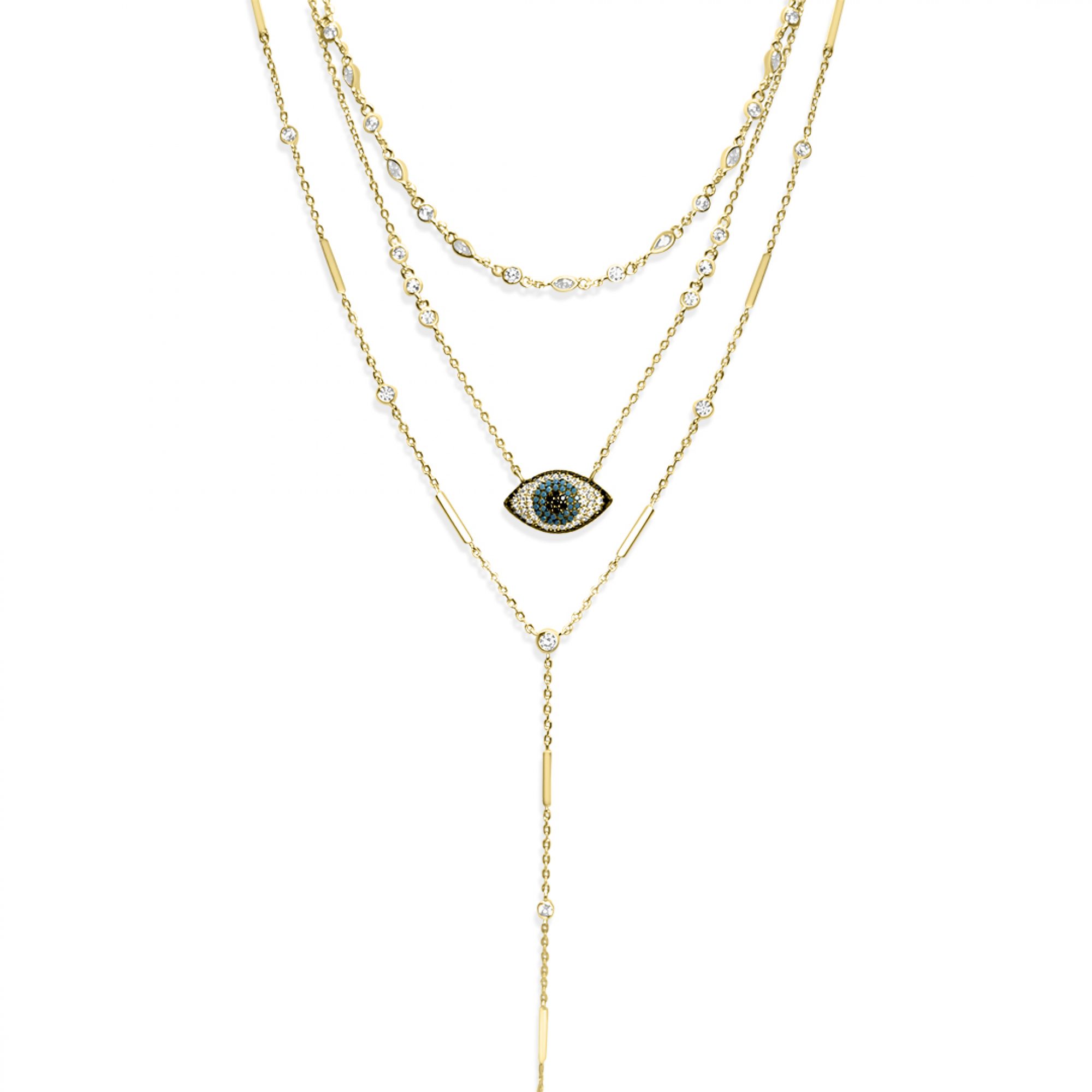 Gold plated triple eye necklace with zircon stones