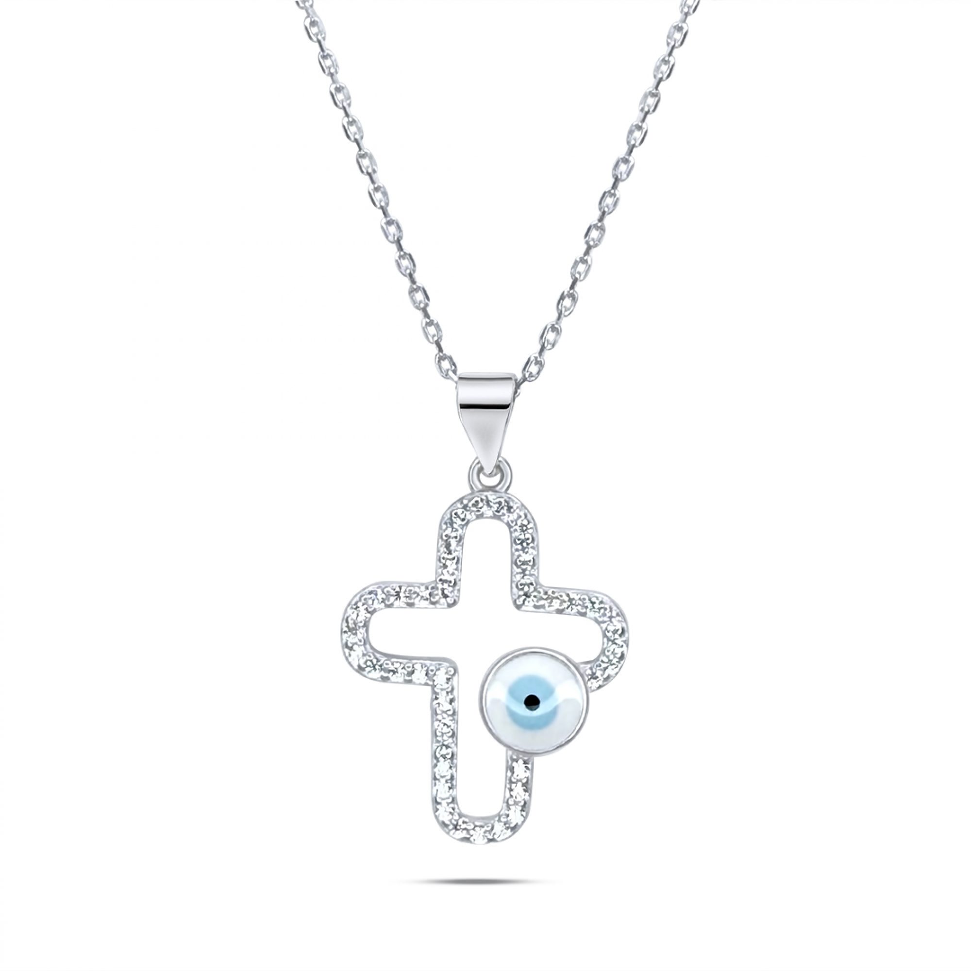Κολιέ σταυρός με μάτι με πέτρες ζιργκόν