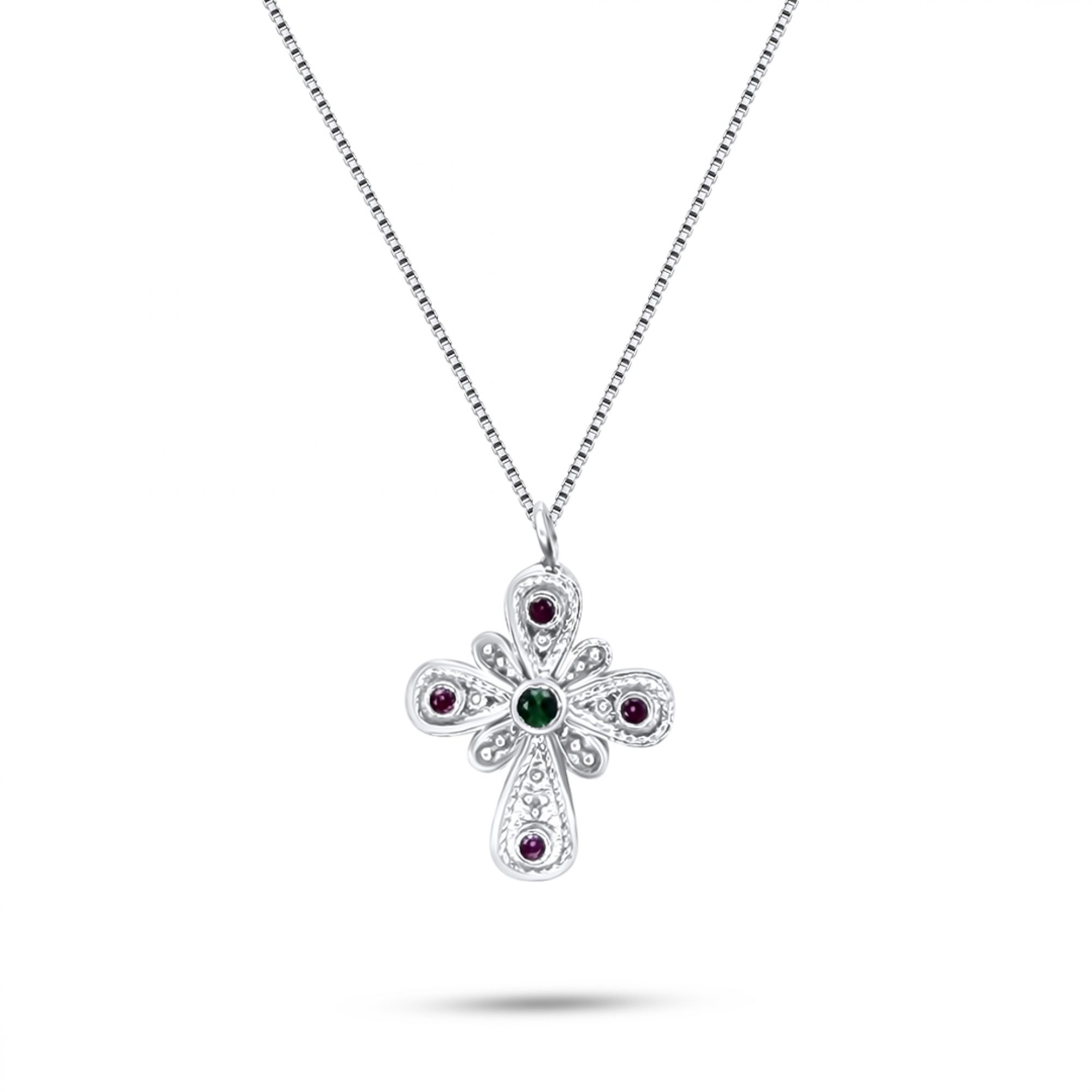 Cross necklace with emerald and ruby stones