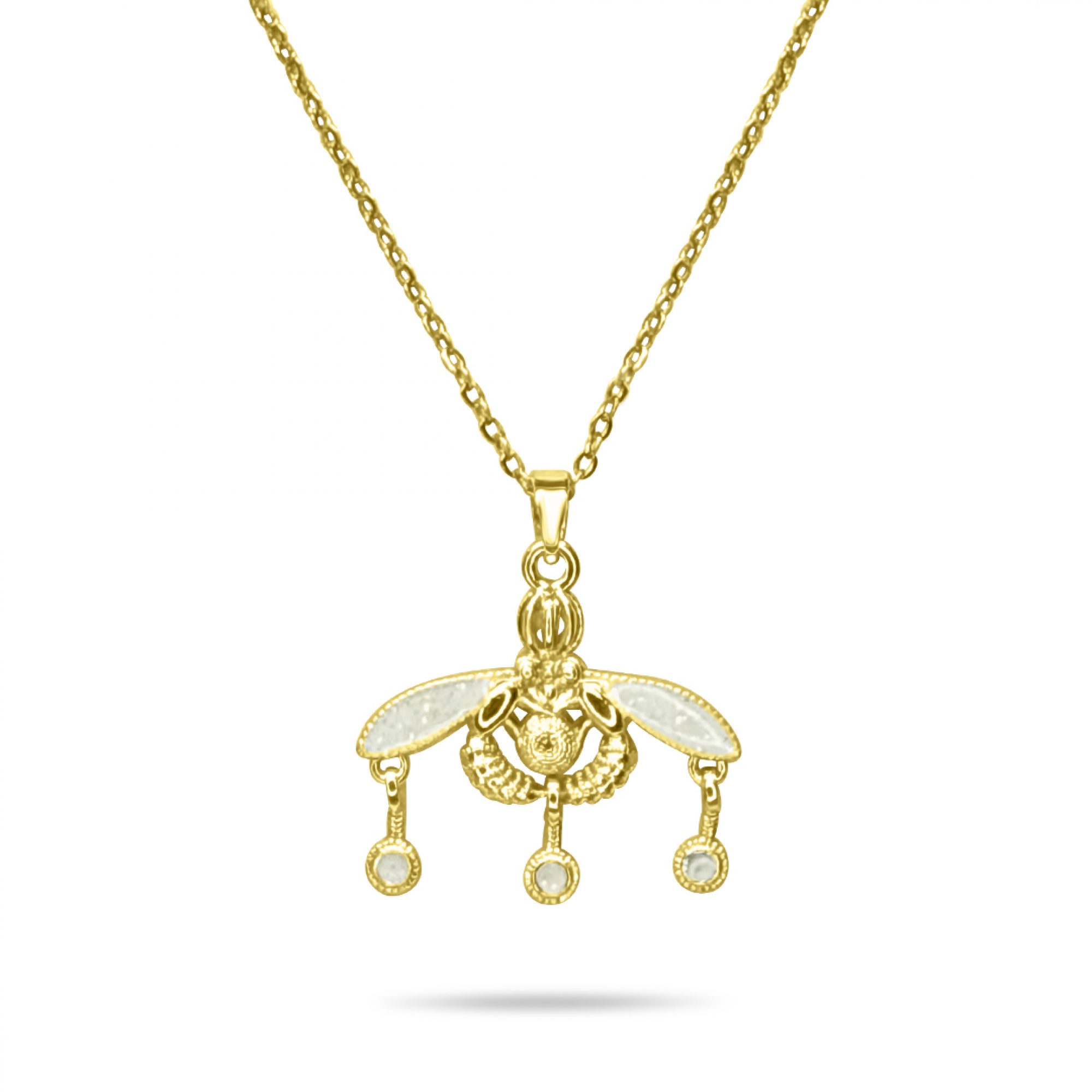 Gold-Tone Minoan Bee Necklace with White Opal