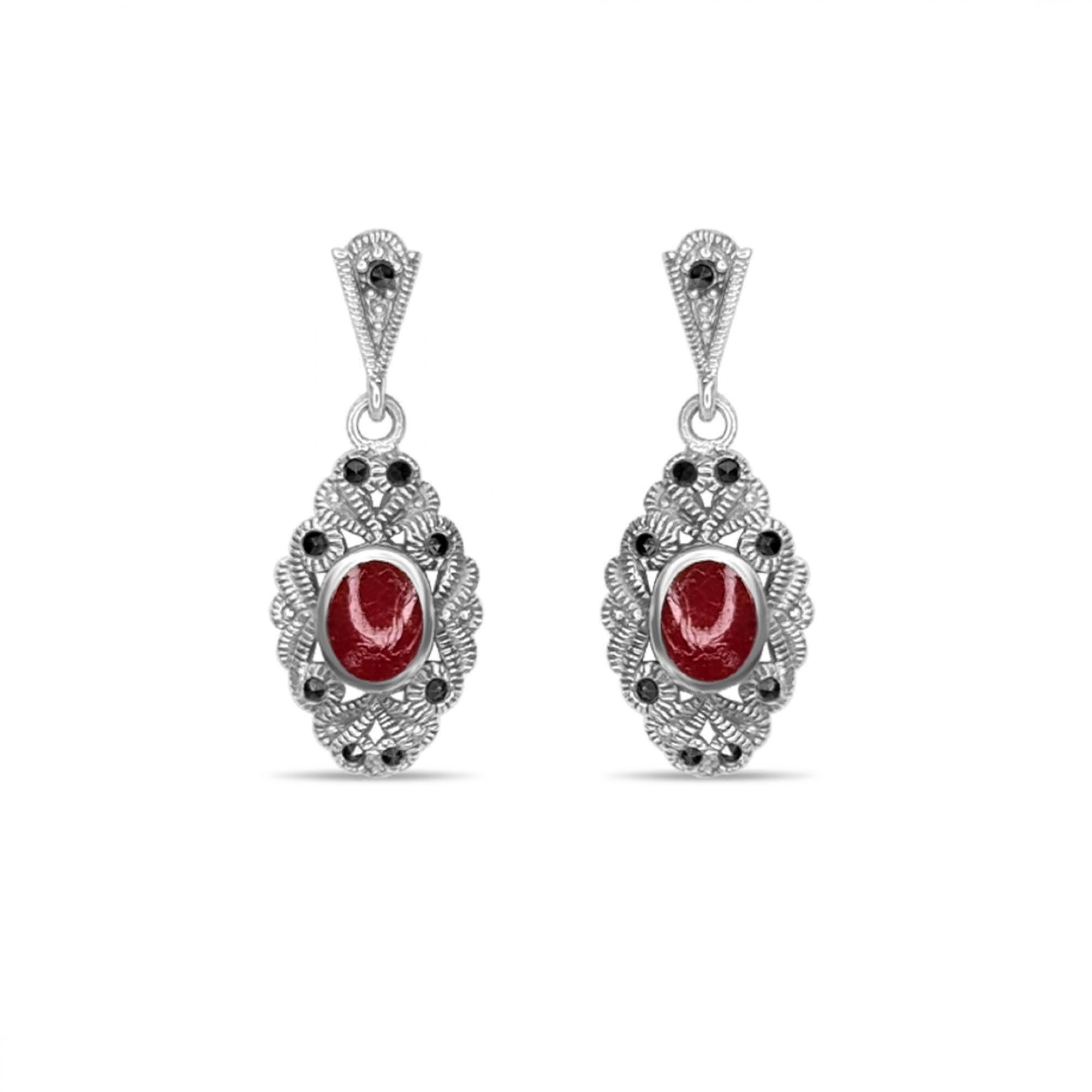 Dangle marcasite earrings with coral stones